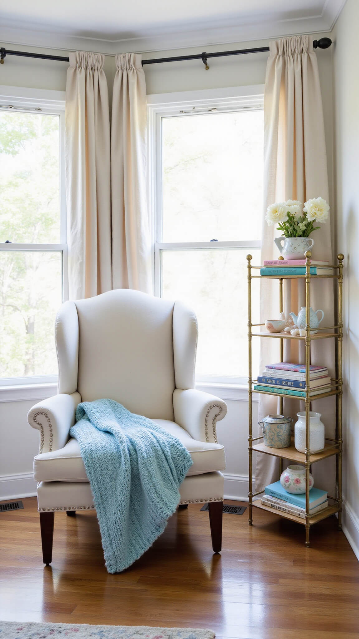 Cozy bedroom reading nook with cream wingback chair, powder blue knit throw, brass étagère of vintage decor, and soft evening light through sheer curtains.