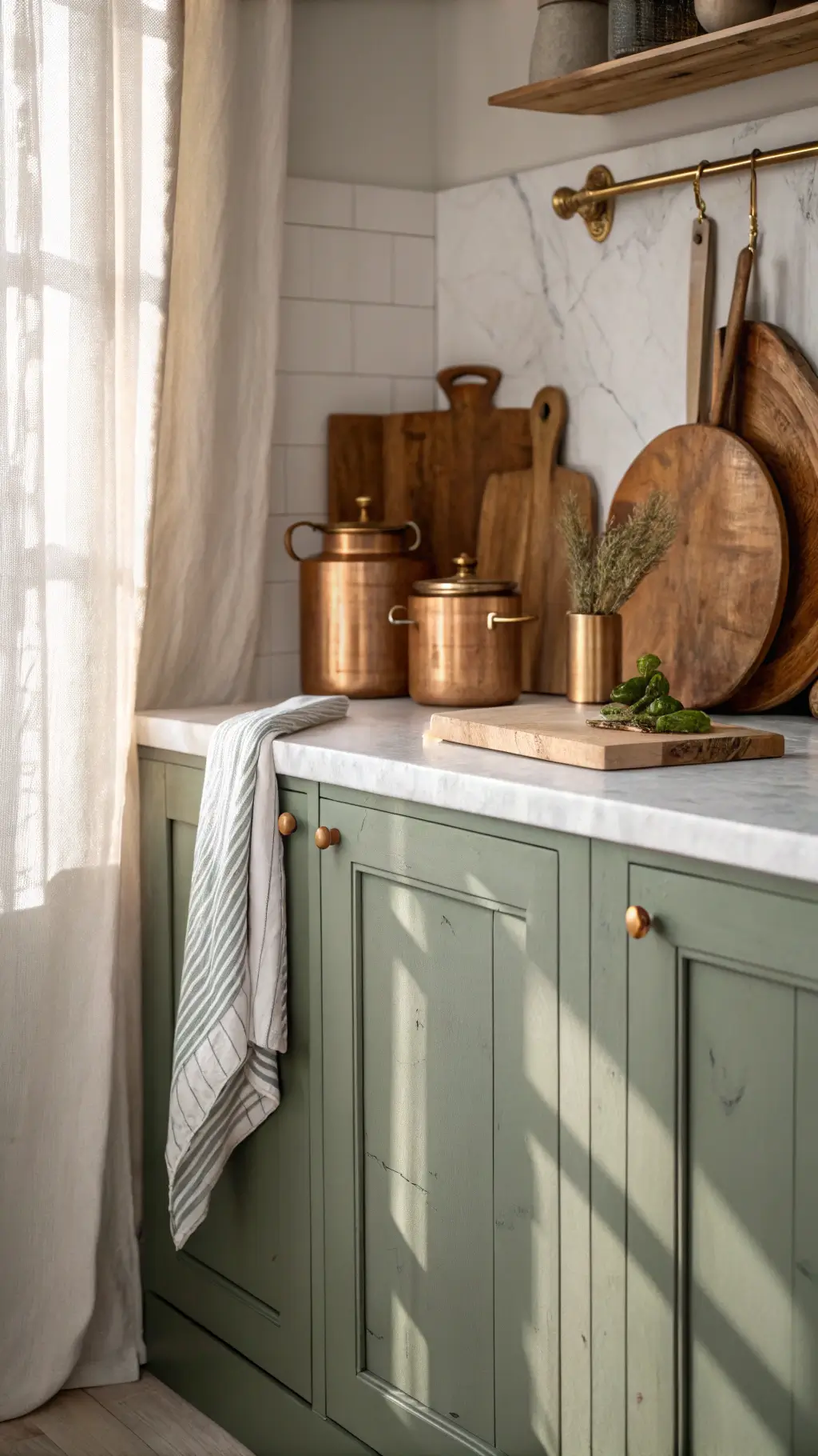 Close-up of sage green cabinet corner with brass pull, white marble backsplash, copper cookware, wood cutting boards, and linen towels in soft morning light.