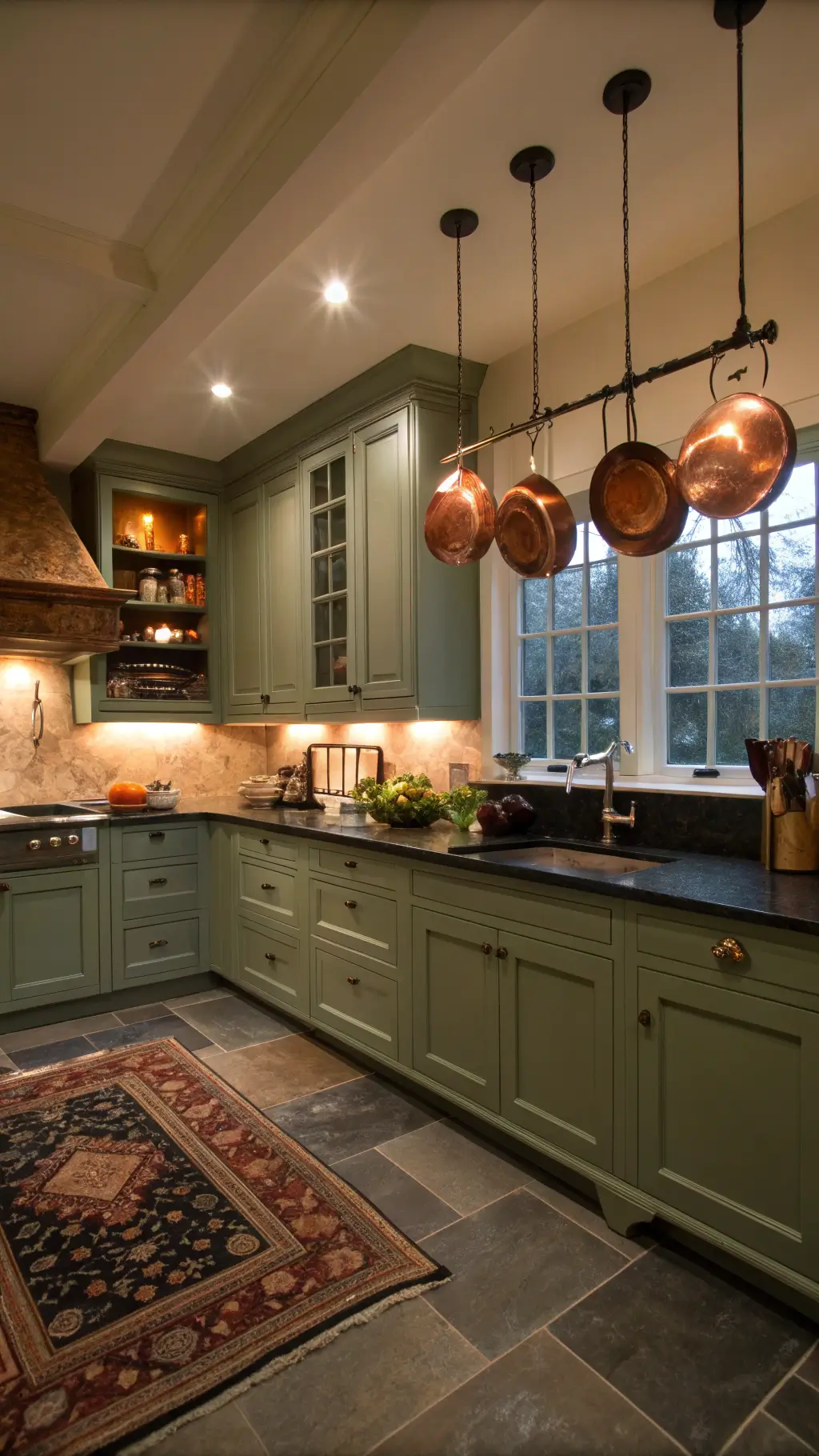 L-shaped sage green kitchen at dusk with dark soapstone countertops, copper cookware, warm under-cabinet lighting, and a vintage Persian runner.