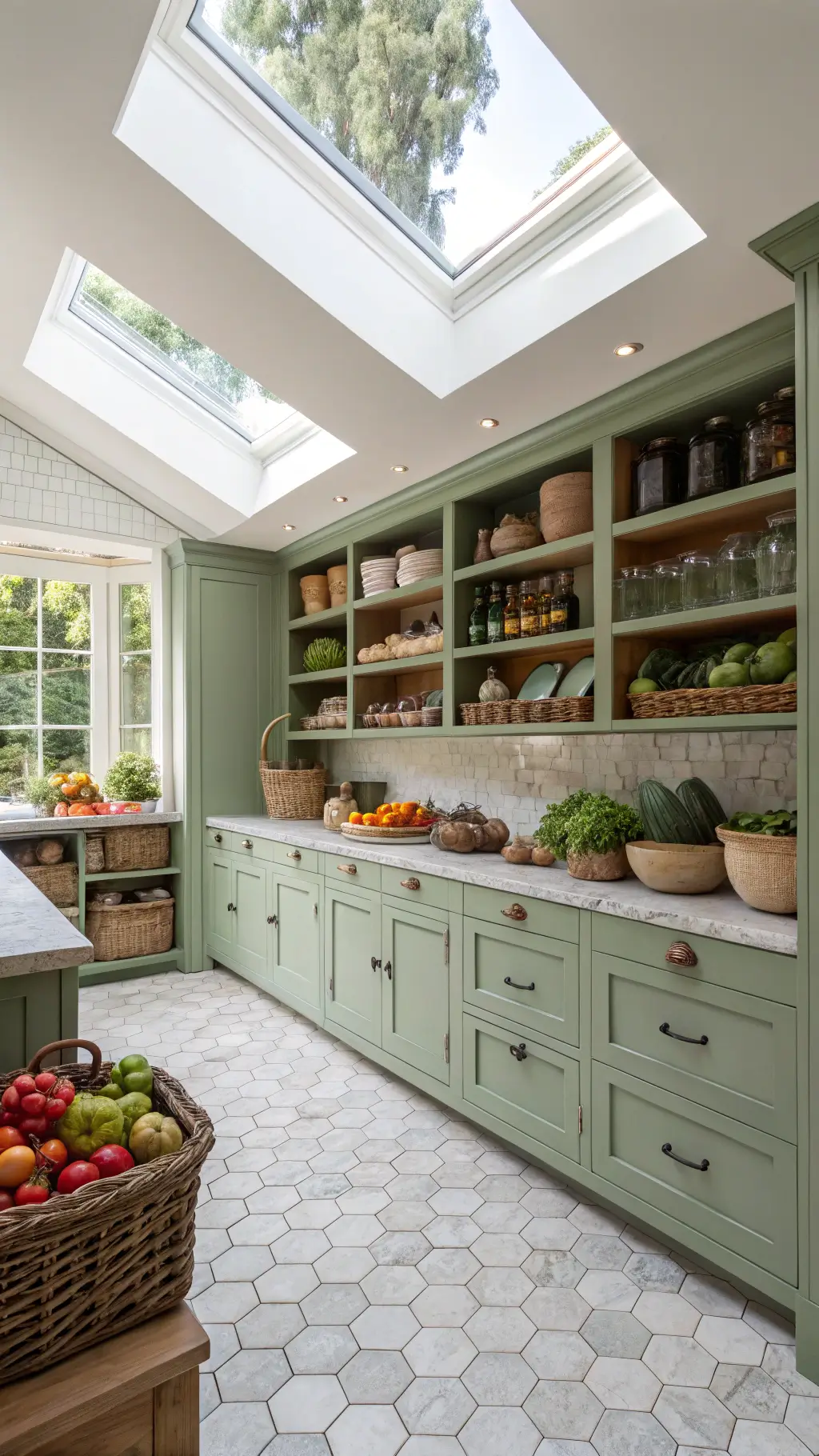 Bright midday kitchen with sage green pantry wall, white oak shelves with pottery, marble hex tile floor, and fresh produce in ceramic bowls.