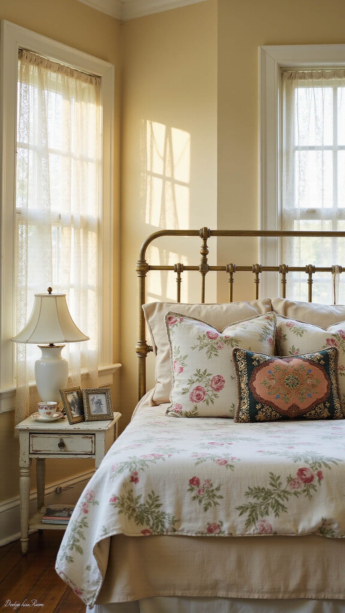 Sunlit vintage bedroom with brass bed, floral quilts and pillows, ornate crown molding, lace curtain shadows, and antique side table with milk glass lamp and teacup.