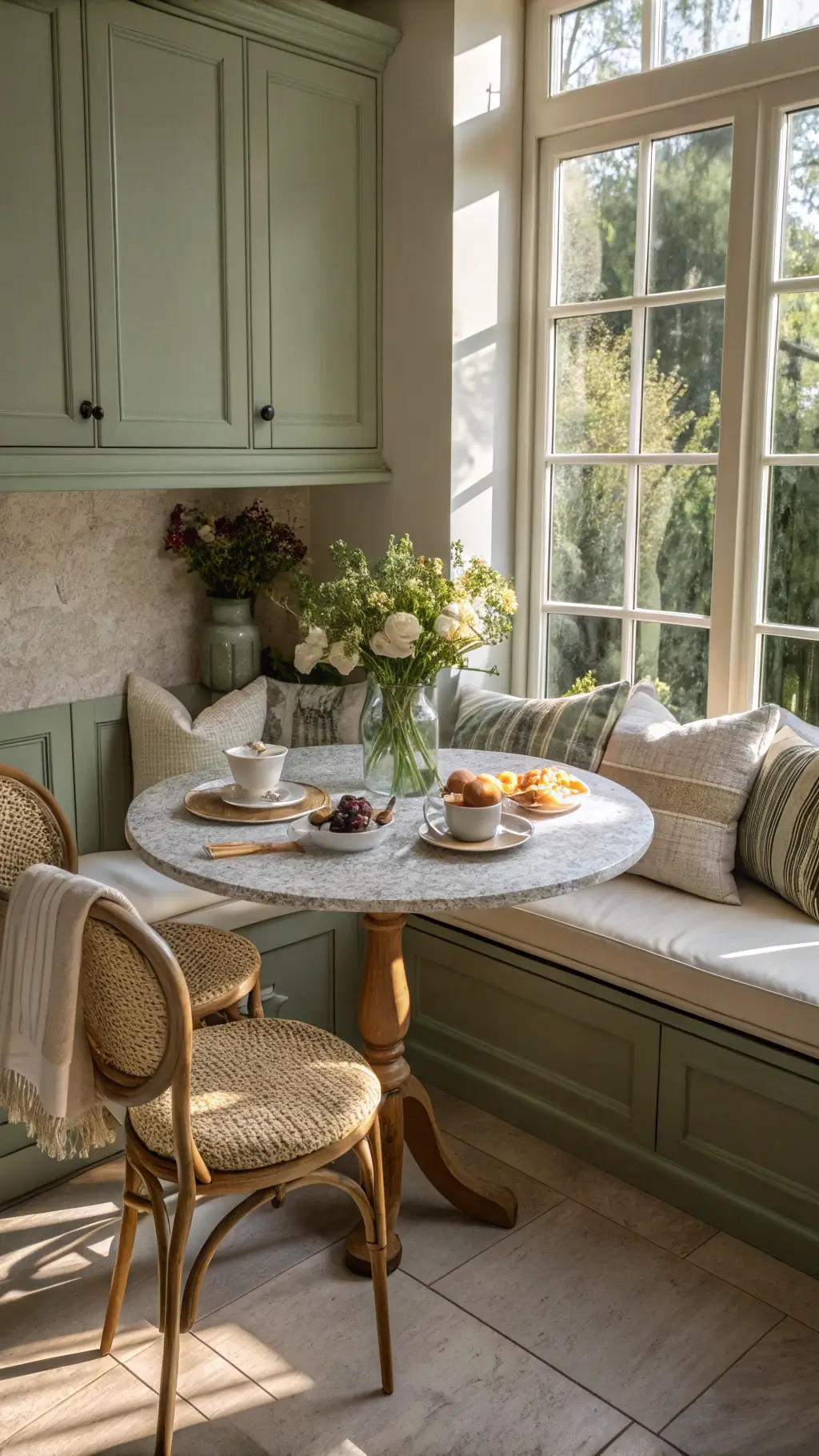Cozy breakfast nook with cream cushions, round marble table, and vintage cane chairs beside sage green kitchen cabinets in soft morning light.