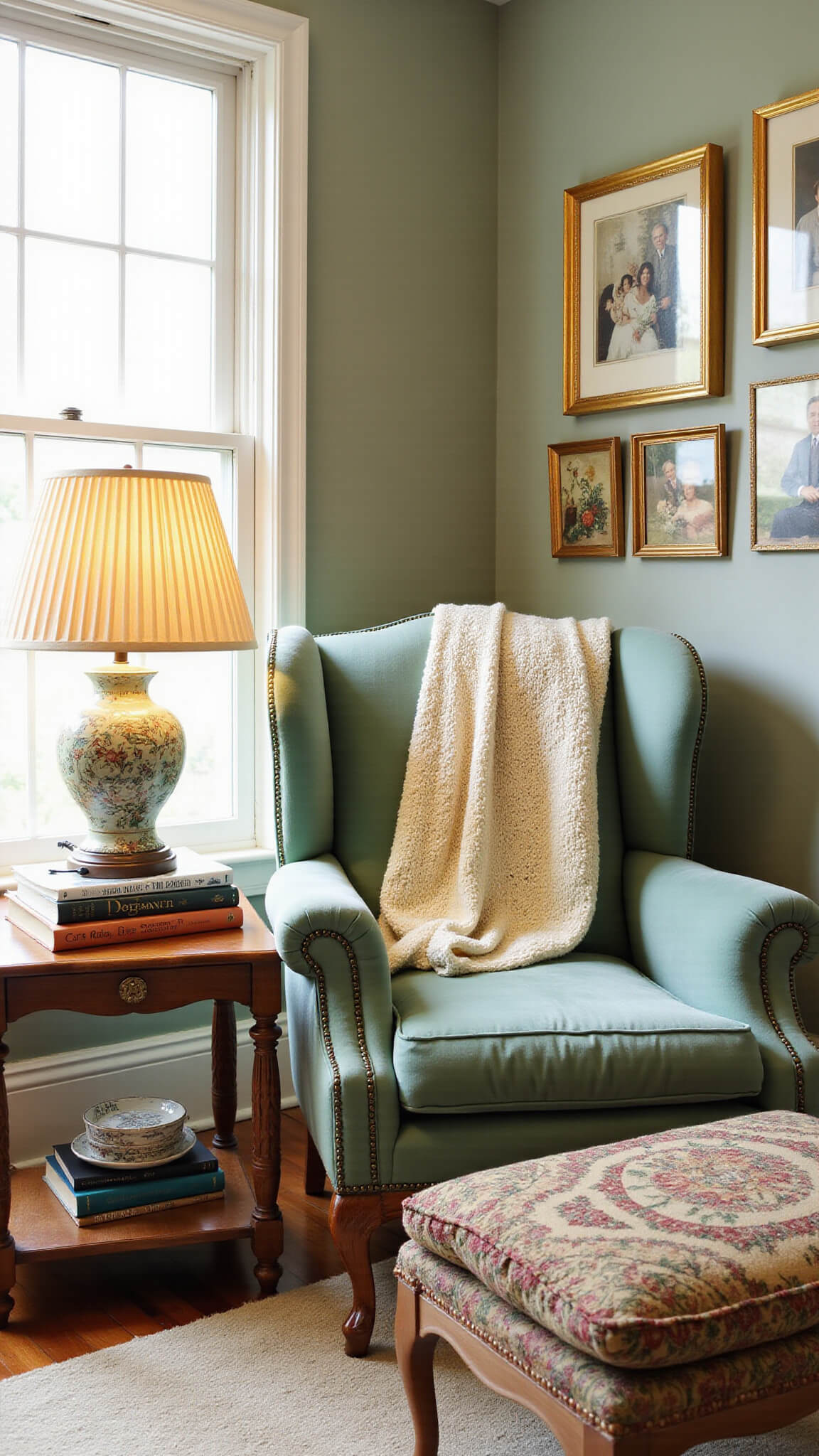 Cozy 10x12ft reading nook with sage velvet wingback chair, vintage side table, cream throw, needlepoint footstool, and gold-framed gallery wall in warm afternoon light.