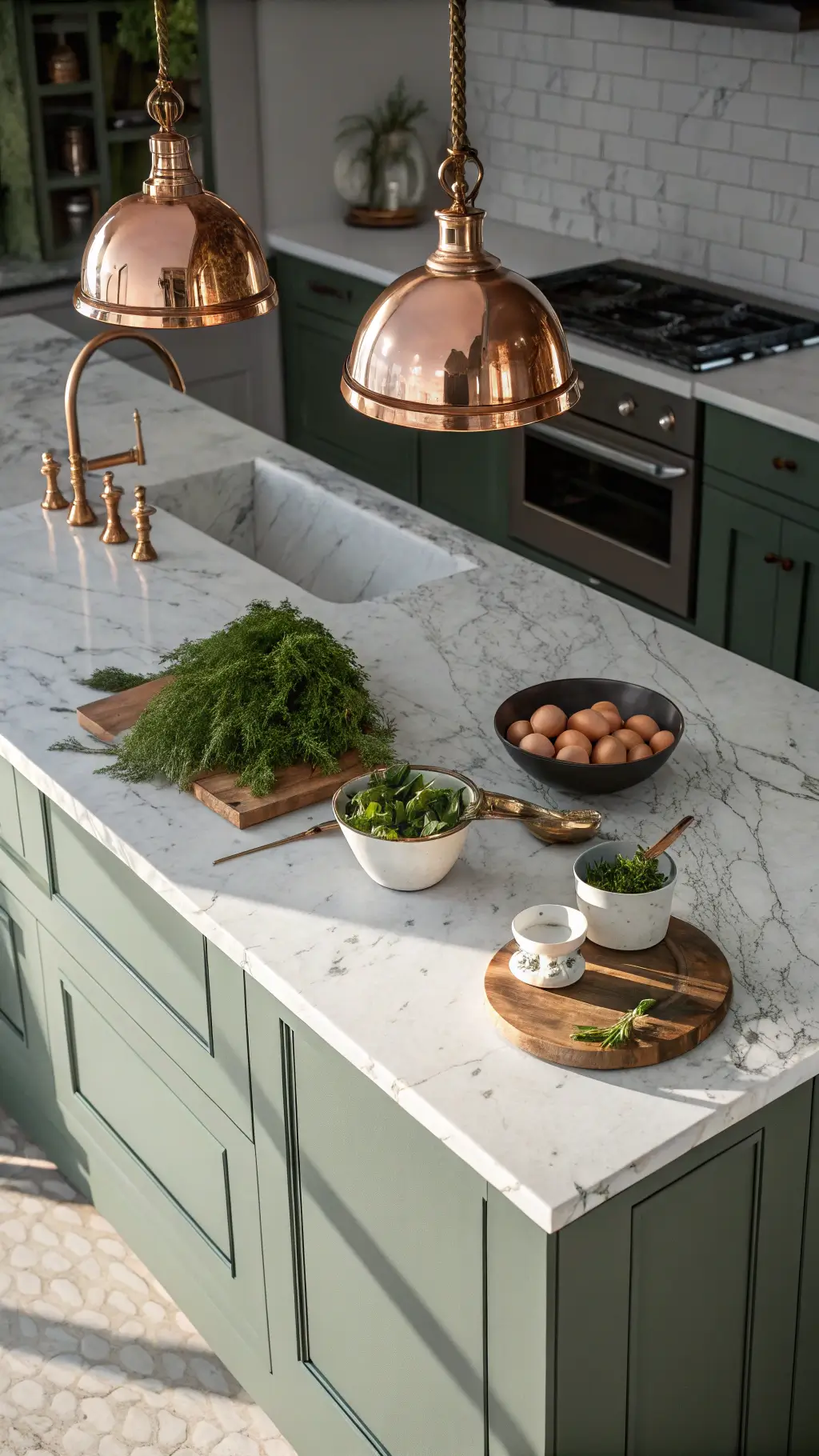 Sage green kitchen island with white marble waterfall edge, copper pendant light reflections, artisanal breadboard, fresh herbs, and ceramic bowls in afternoon shadow.