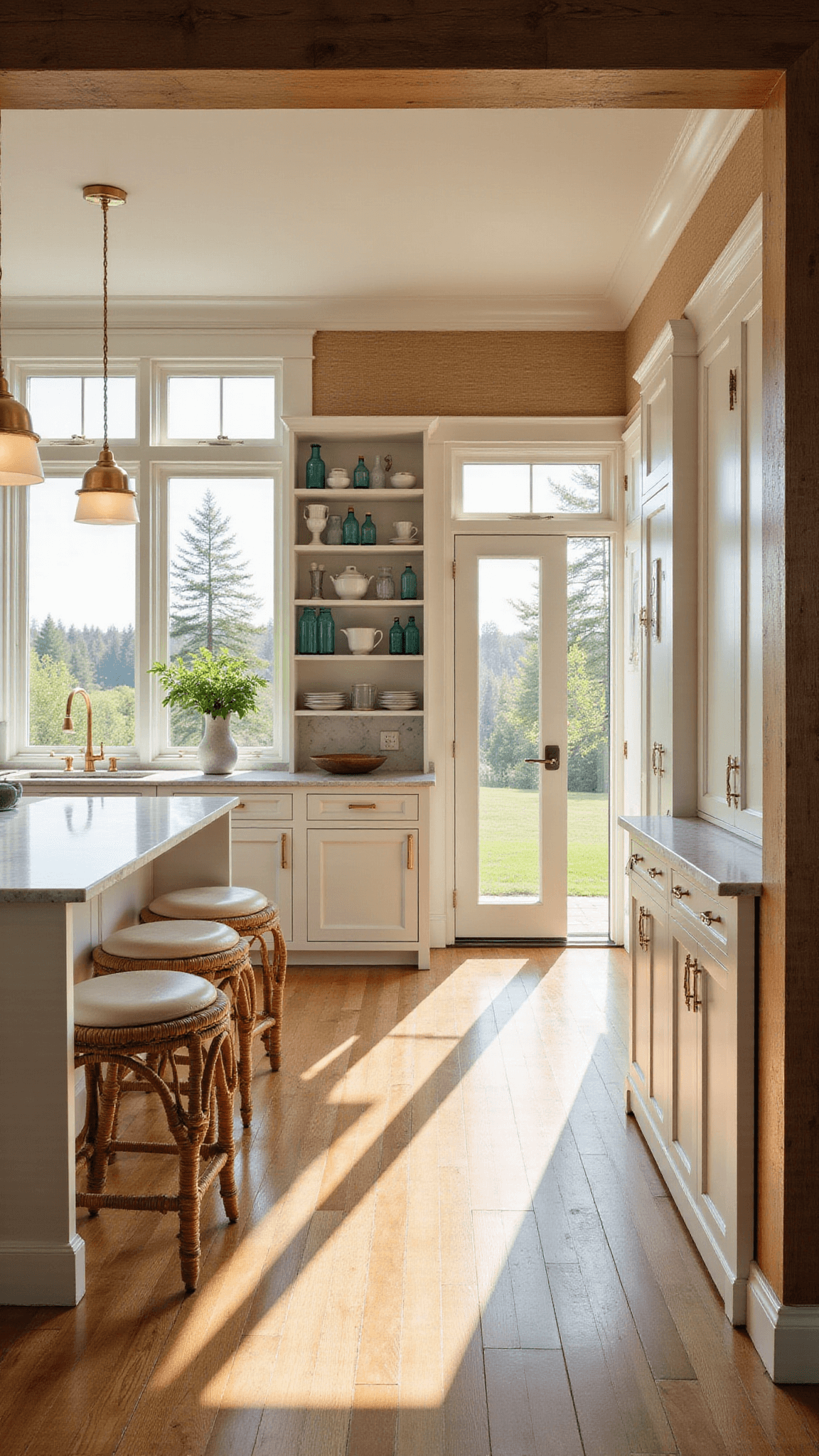 Coastal kitchen bathed in golden hour light with white shaker cabinets, Carrara marble island, rattan barstools, bay windows, and brass pendant lights.