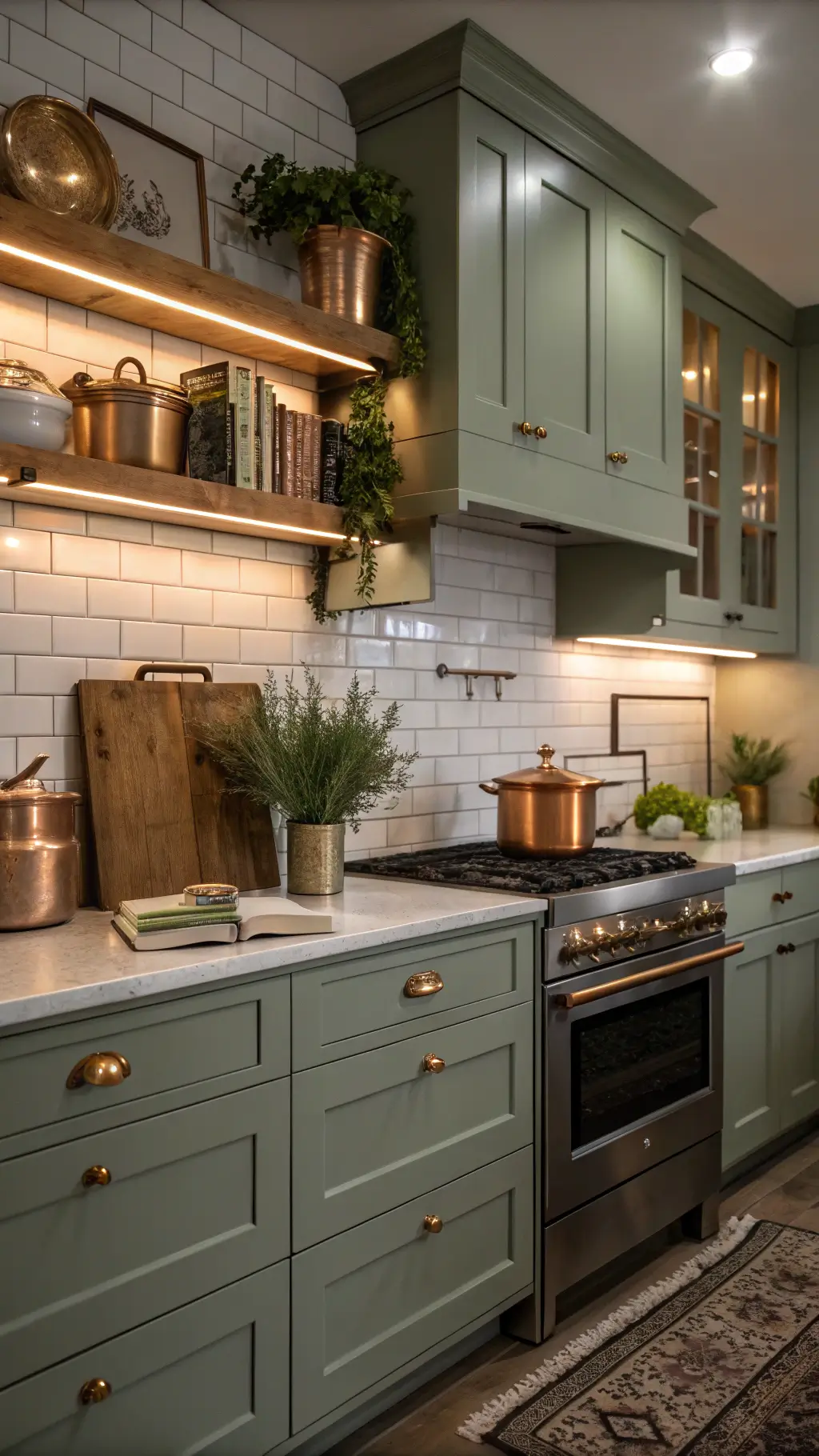 Sophisticated evening kitchen with sage green cabinets, mixed metals, white subway tiles, and ambient sconce lighting.