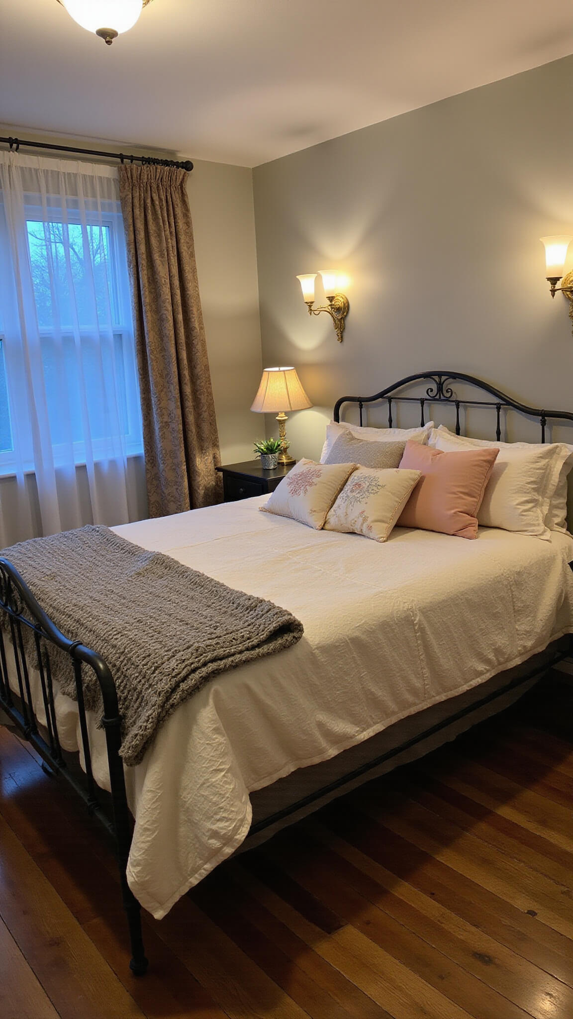 Dramatic dusk view of a cozy master bedroom with vintage linens on a king iron bed, warm brass sconces, and soft blue-hour light through damask curtains.