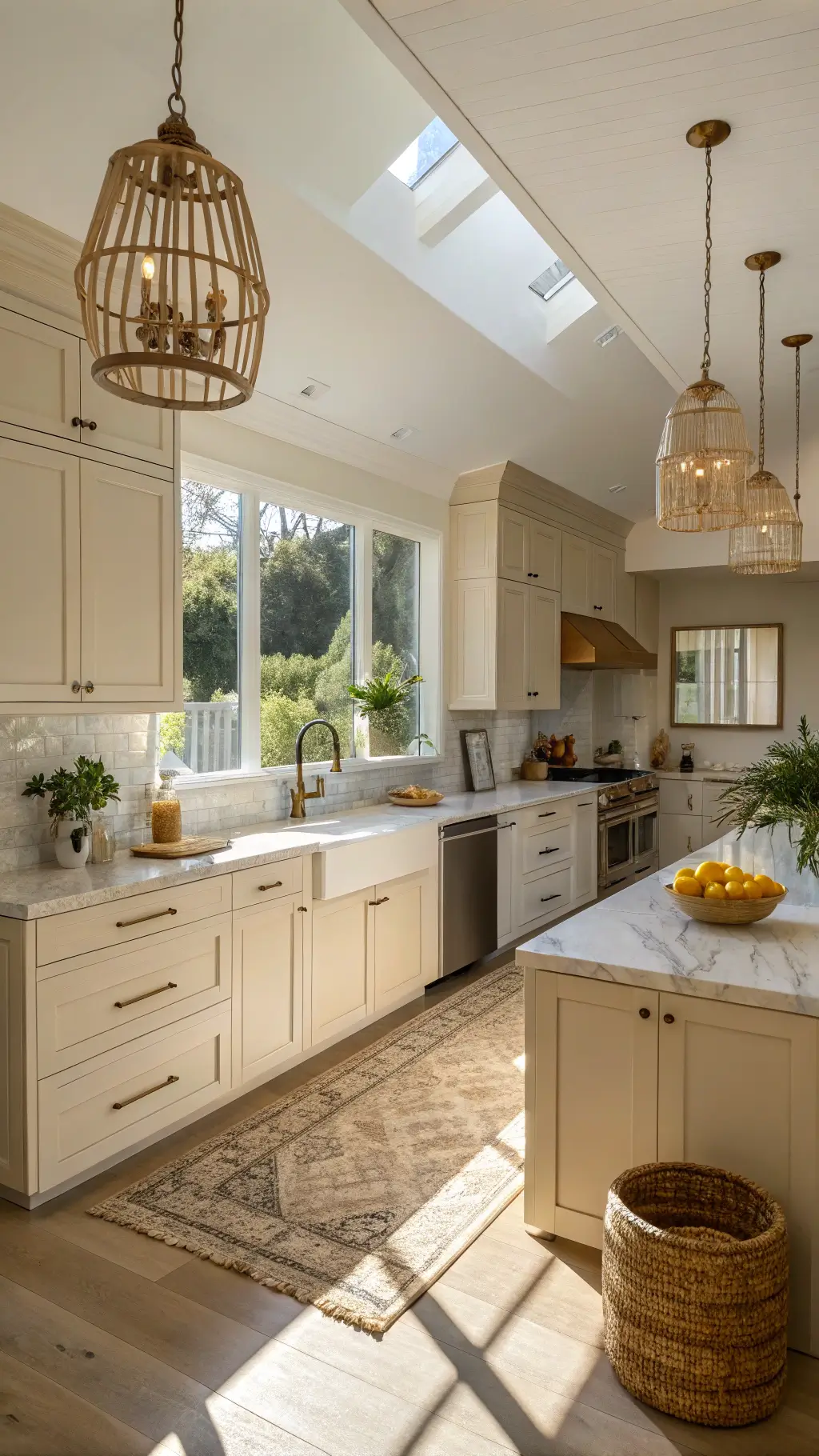 Bright L-shaped kitchen with beige shaker cabinets, marble countertops, brass hardware, and golden hour lighting streaming through floor-to-ceiling windows.