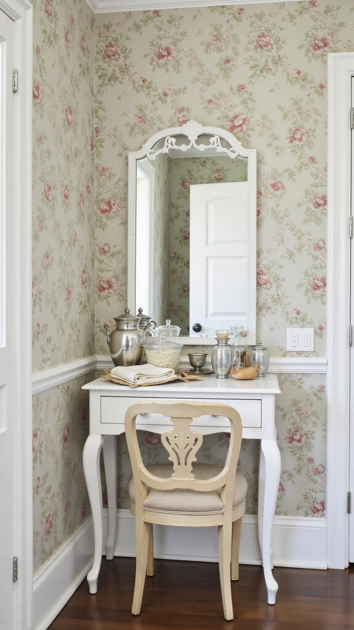 Brightly lit vanity corner with floral wallpaper, silver brushes, embroidered linens, mercury glass vessels, and a needlepoint chair beneath a beveled mirror.