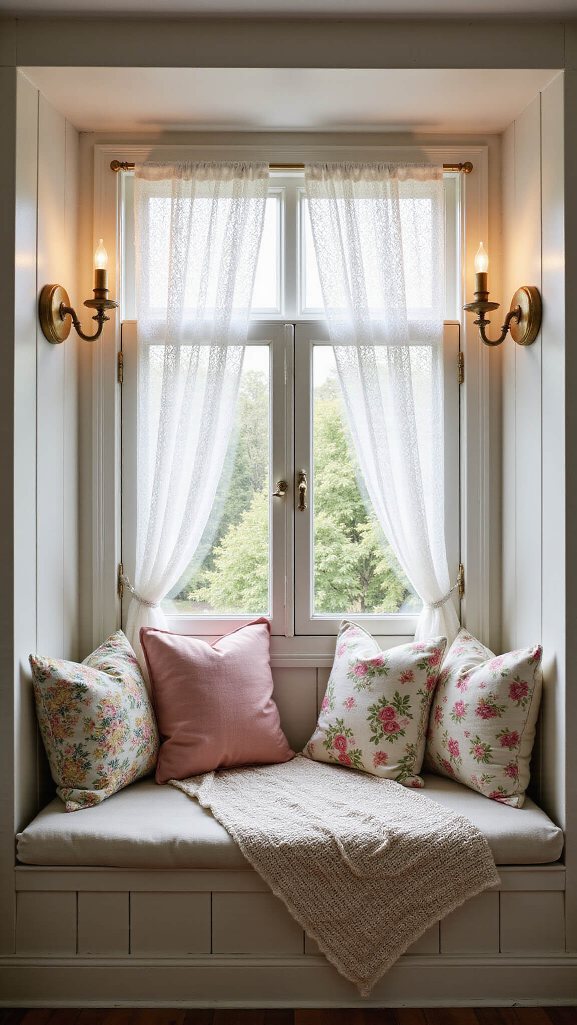 Cozy window seat in a 6ft alcove with layered vintage floral cushions, a pastel crocheted afghan, warm brass sconce lighting, and lace curtains filtering evening streetlight.
