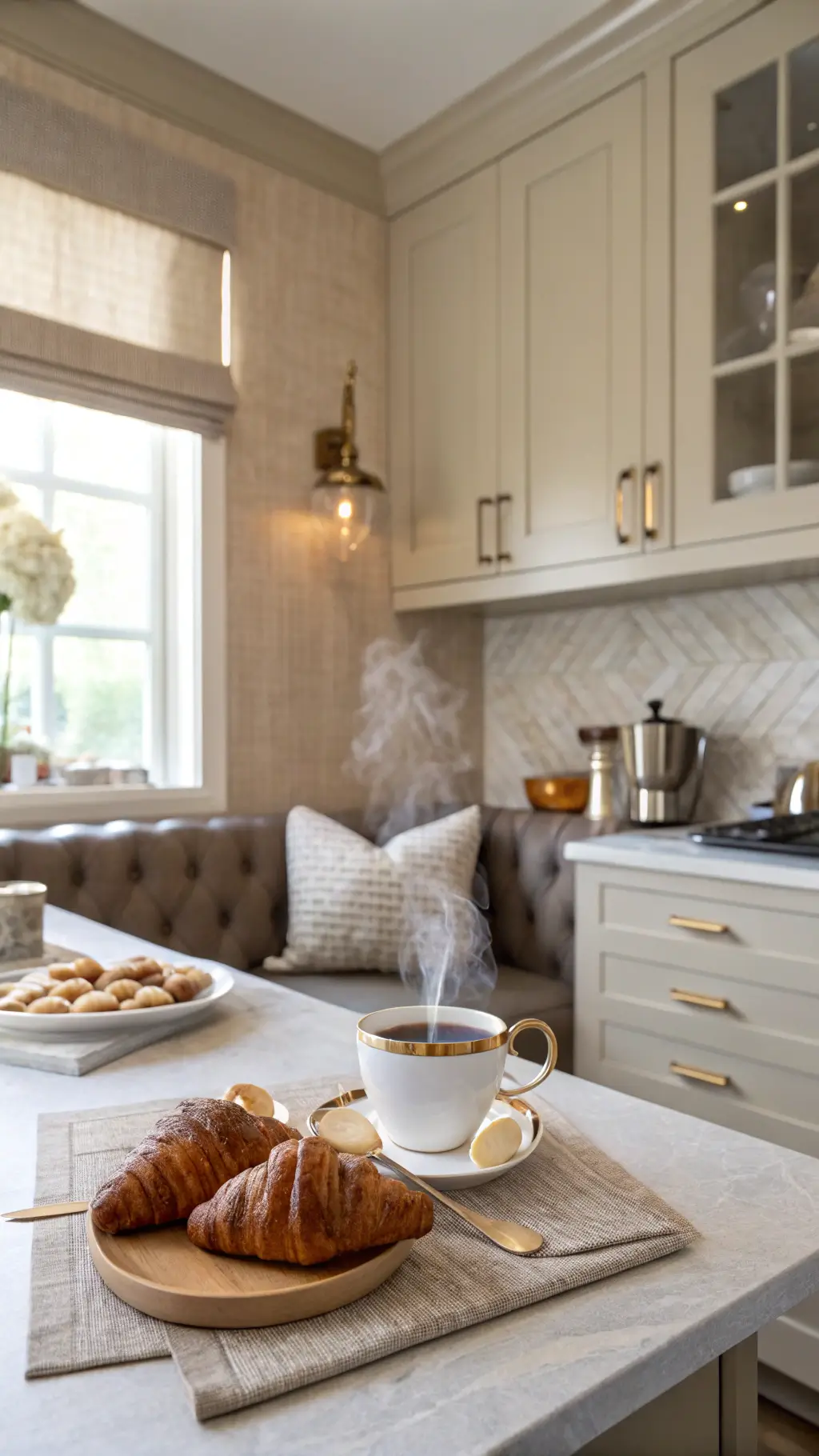 Cozy morning kitchen with espresso steam rising, beige cabinets, handmade ceramics, croissants, and vintage decor in soft 9am light.