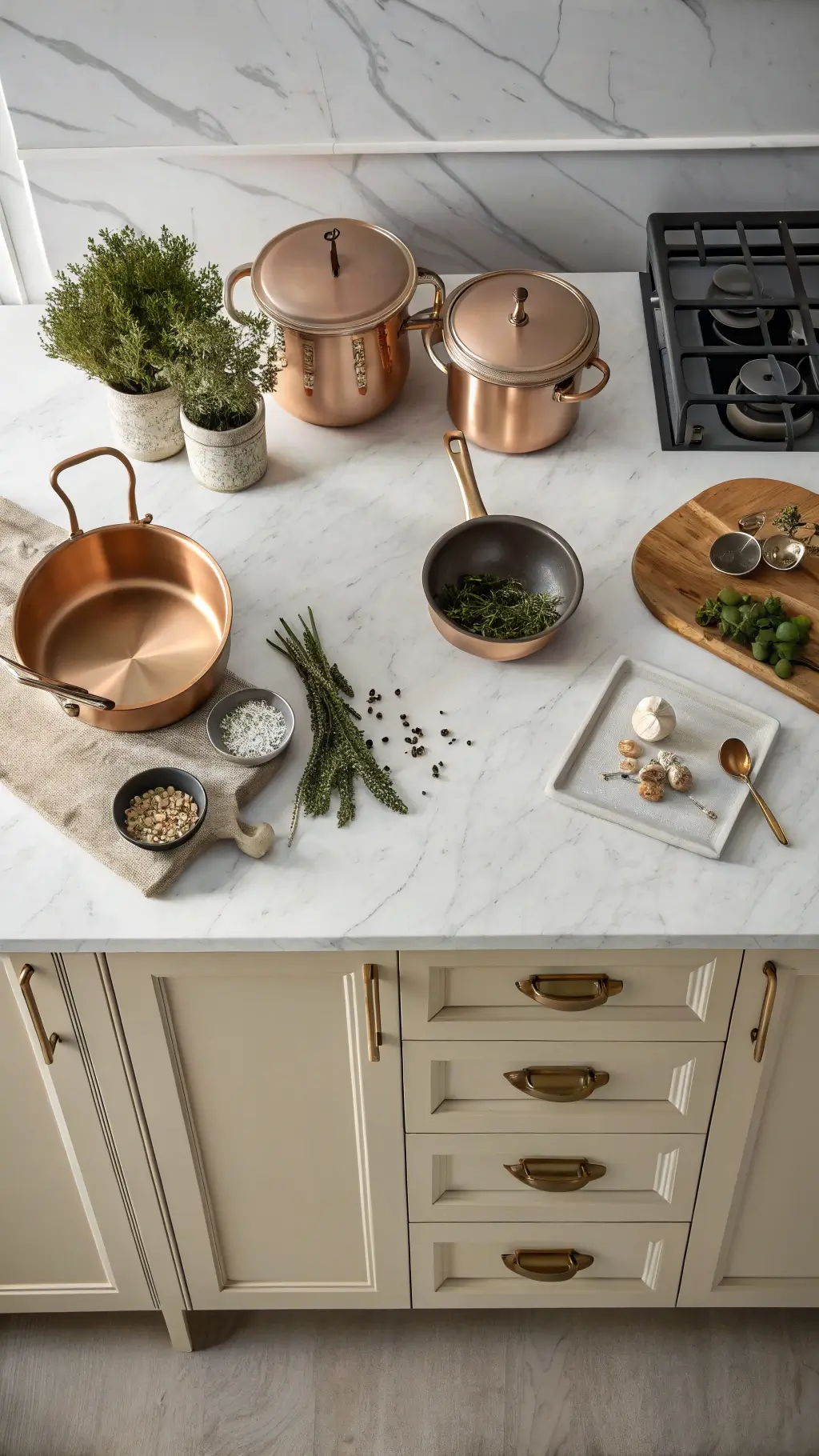 Overhead flatlay of 6x8ft kitchen island with beige cabinets, Carrara marble countertop, copper cookware, herbs in pots, and cooking items in warm morning light.