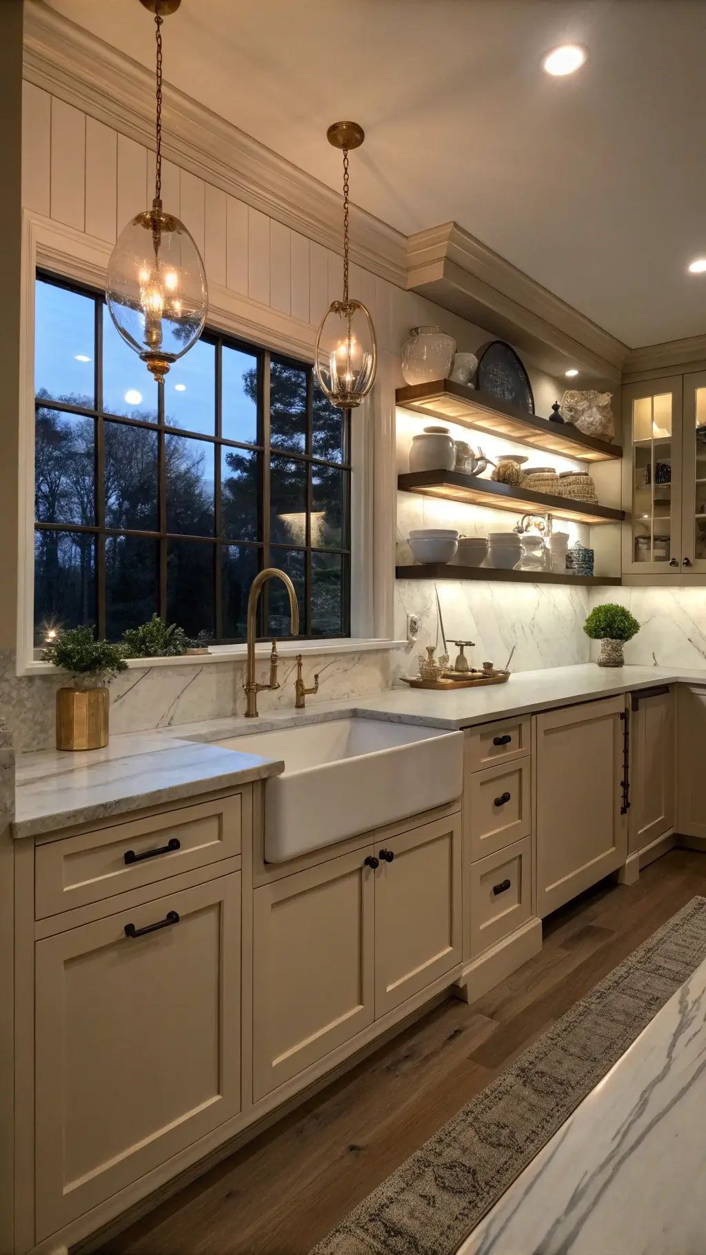 Modern farmhouse kitchen at dusk with beige floor-to-ceiling cabinets, warm under-cabinet and pendant lighting, apron sink, gold fixtures, and styled wooden shelves.