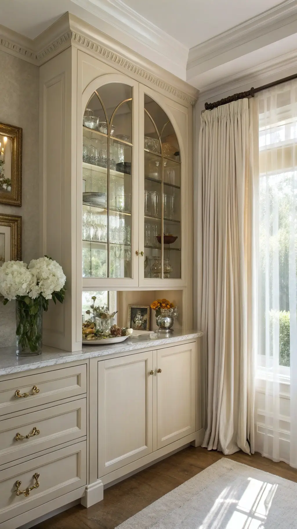 Elegant beige kitchen corner with glass-front cabinets, antique mirror backsplash, and brass accents, styled with hydrangeas, crystal, and vintage silverware in soft afternoon light.