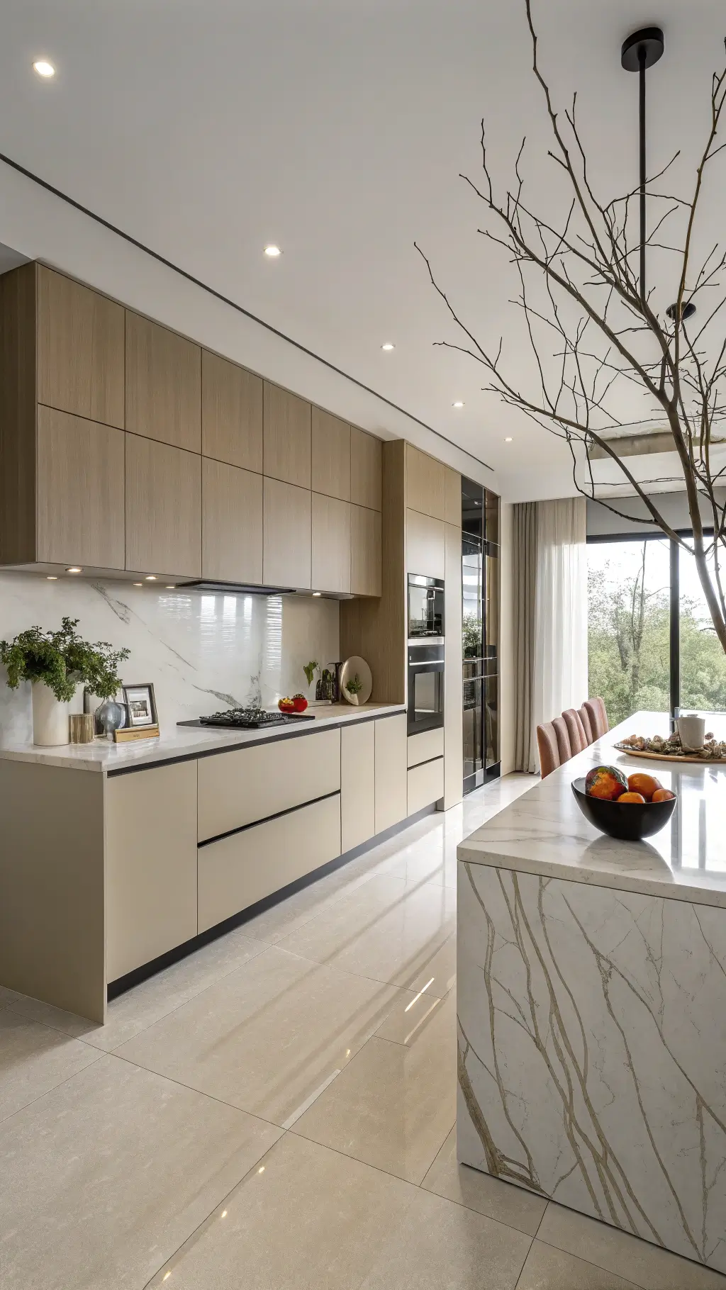 Modern minimalist 14x16ft kitchen with two-tone beige cabinets, waterfall quartz island, matte black and bronze accents, and curated decorative elements in soft mid-morning light.