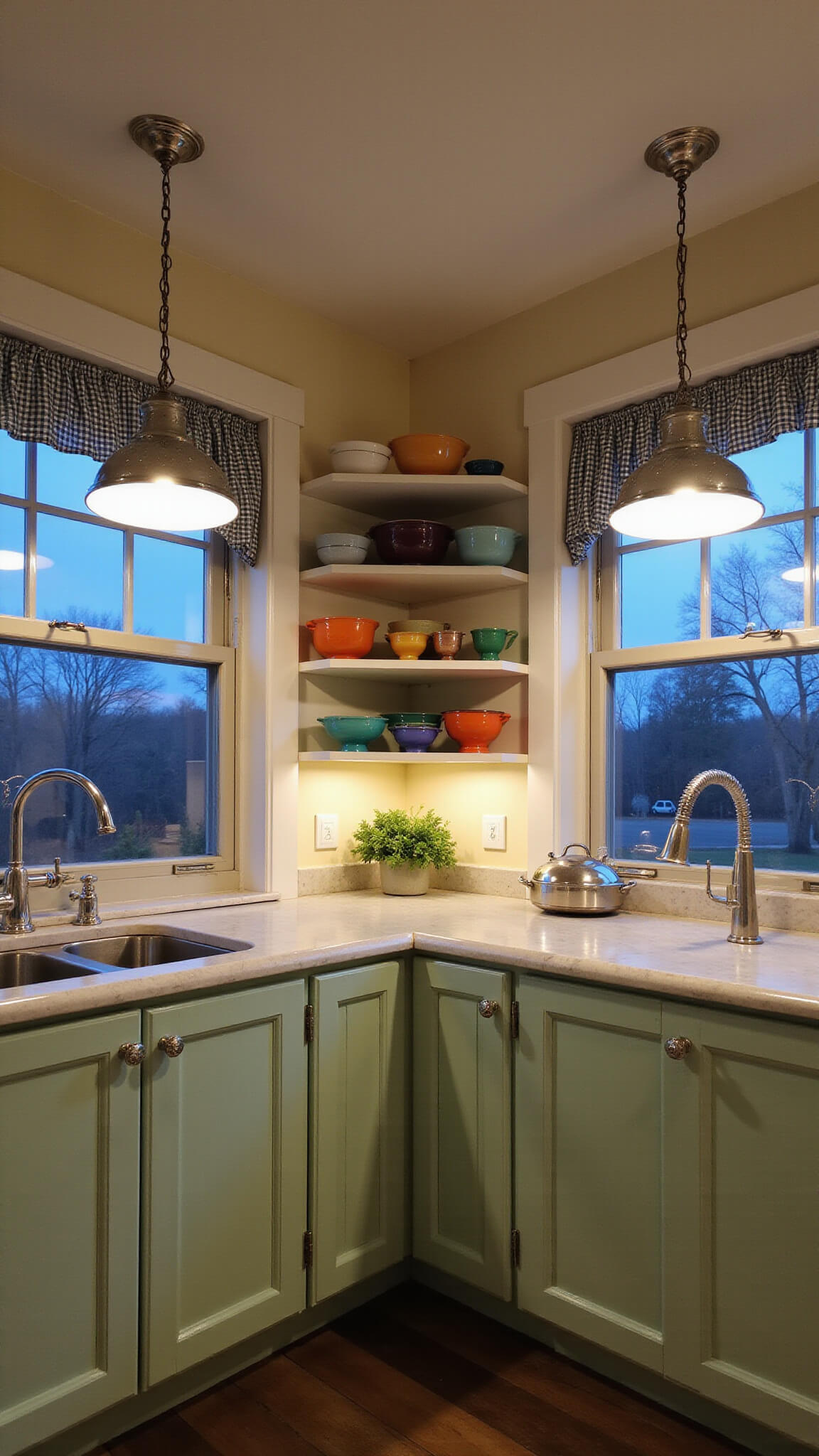 Wide-angle view of a mint green country kitchen at dusk with vintage decor, marble countertops, farmhouse sink, and rainbow Pyrex bowls on open shelves.
