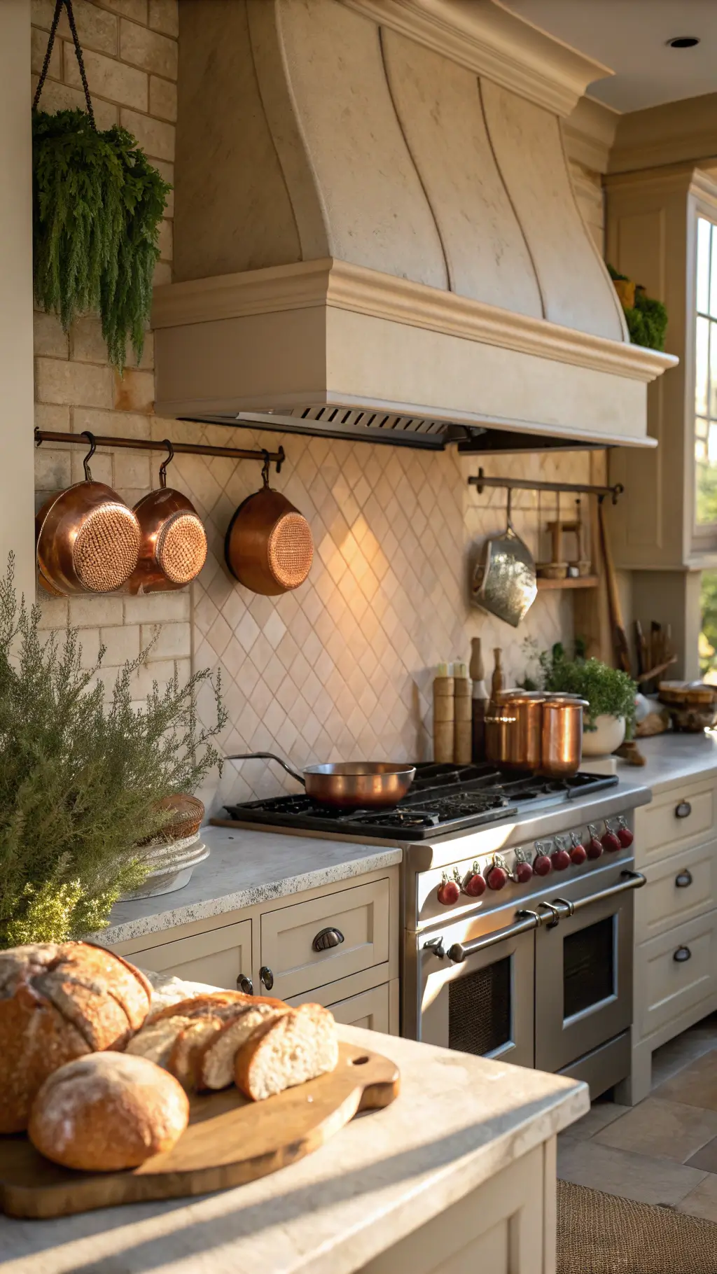 Lifestyle kitchen with beige cabinets, soapstone counters, and copper accents bathed in late afternoon light; features active cooking scene with flour, herbs, and artisanal bread.