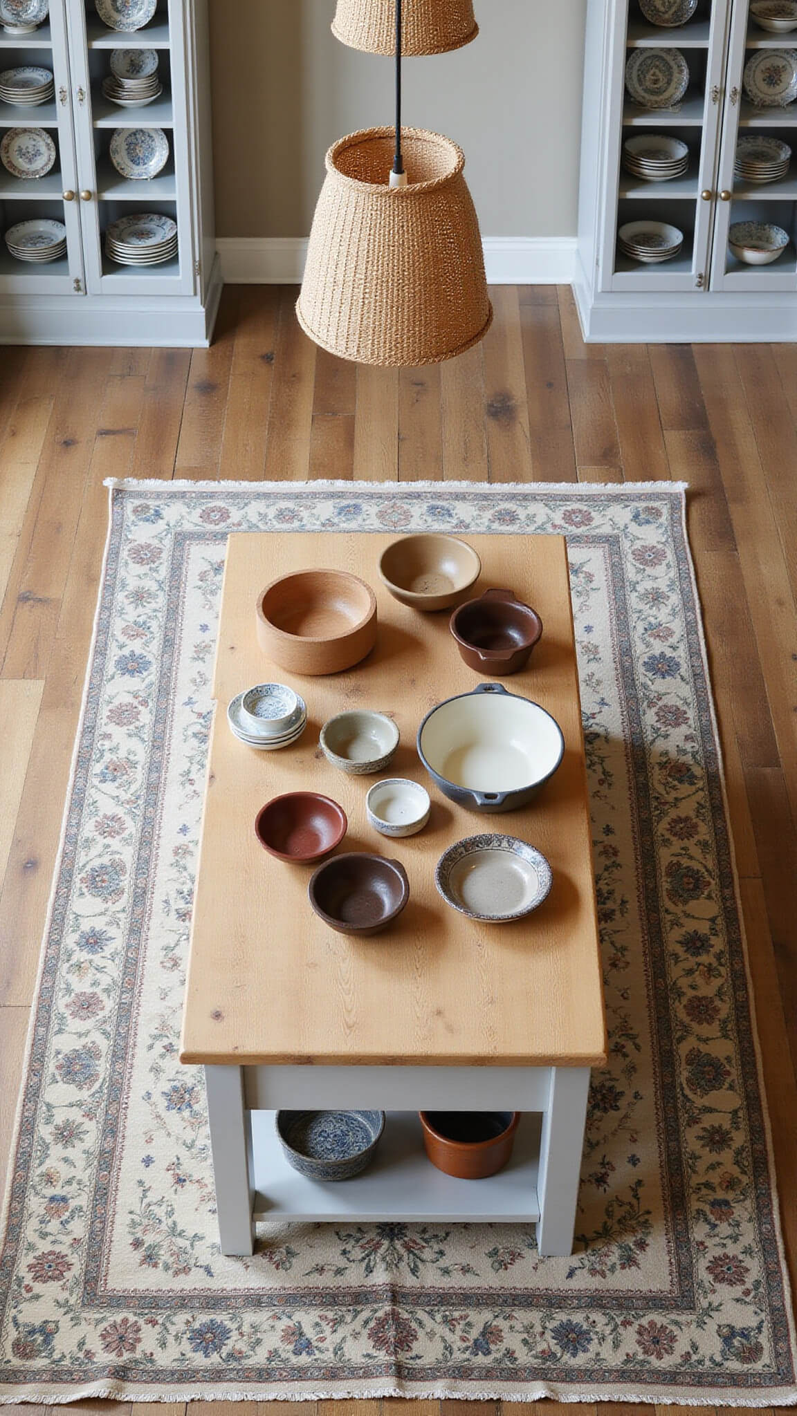 Overhead view of a 14x16ft kitchen island with distressed white base and butcher block top, displaying earthenware bowls and enameled cookware, surrounded by dove grey cabinetry and transferware plates, lit by woven basket pendants over a faded floral Persian runner.