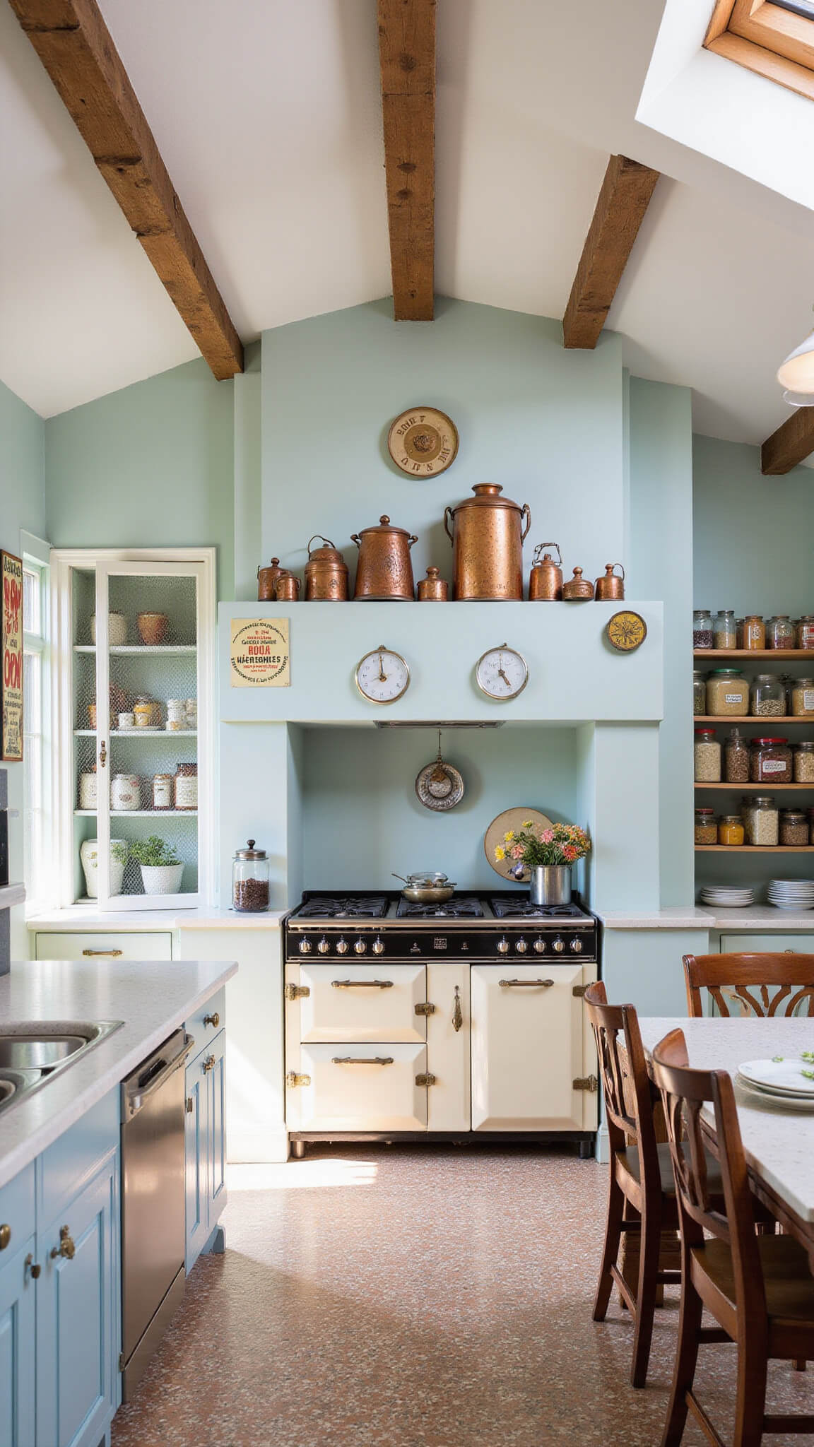 Open-concept kitchen with cream Aga, exposed beams, copper molds, and vintage pantry in afternoon light.