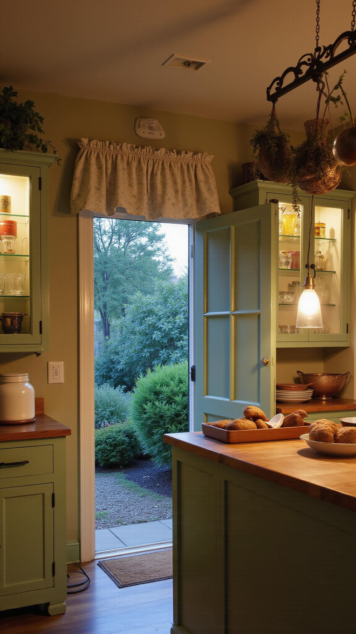 Moody twilight in cozy 12x14ft cottage kitchen with sage green Dutch door, ruffled cafe curtains, illuminated Depression glass cabinets, butcher block counters, and dried herbs above center island.