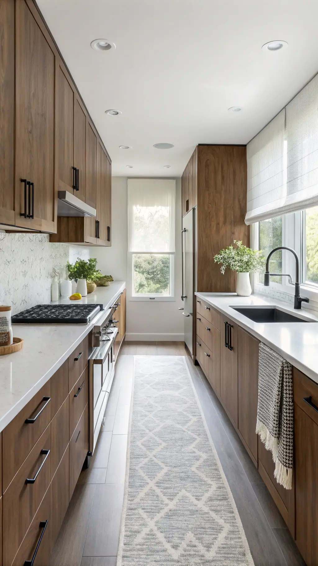 Modern 8x14ft galley kitchen with walnut cabinets, white quartz countertops, matte black hardware, and soft morning light through translucent window treatments.