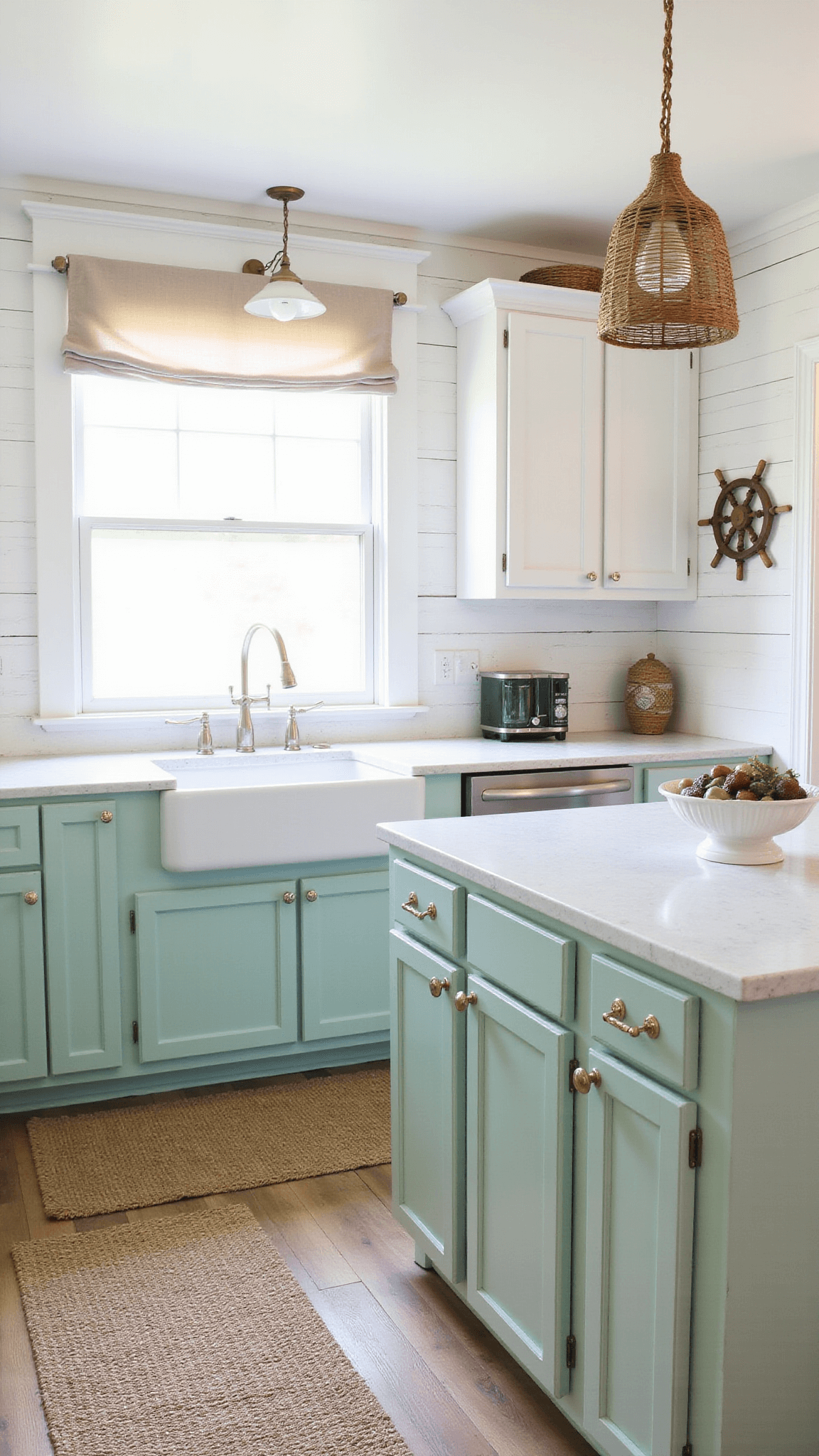 Corner view of a seafoam green and white kitchen with farmhouse sink, quartz island, jute runner, and nautical decor illuminated by natural light.