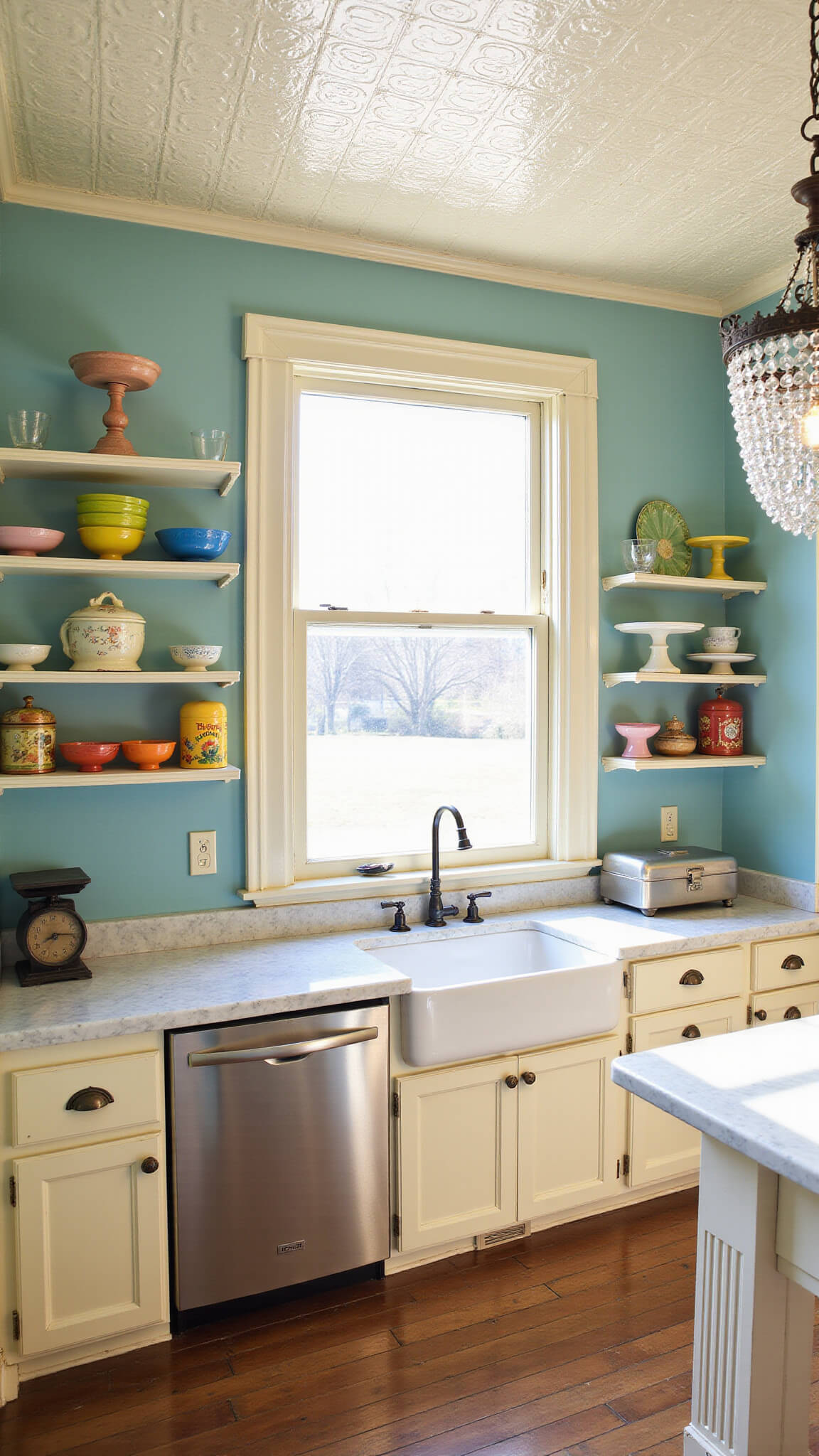 Restored Victorian kitchen with cream tin ceiling, robin's egg blue walls, marble baking station, vintage Fiestaware, and crystal chandelier in soft morning light.