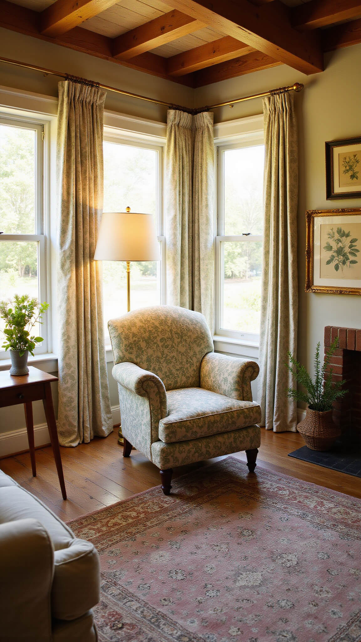 Sunlit cottage living room with large bay window, floral chintz armchair, layered rugs, and vintage botanical prints in warm, golden afternoon light.