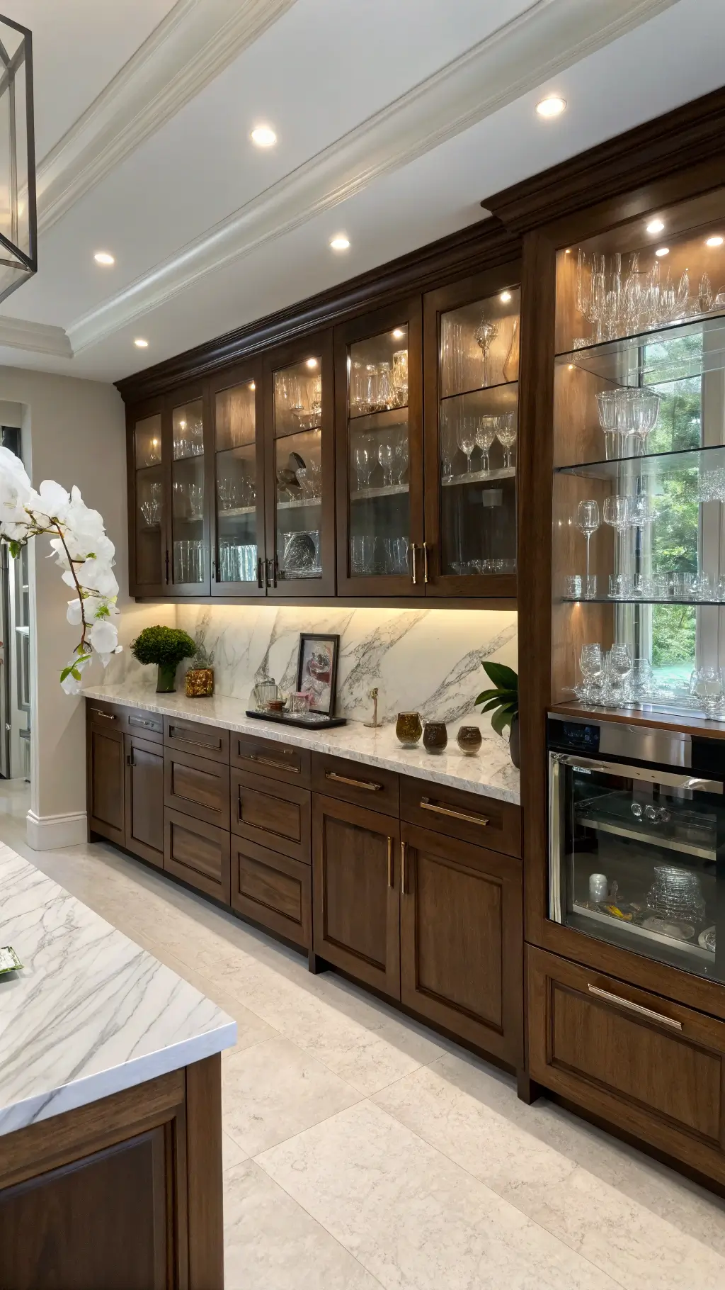 L-shaped kitchen with walnut cabinets, marble backsplash, stainless appliances, and glass display cases styled with silverware and white orchids.