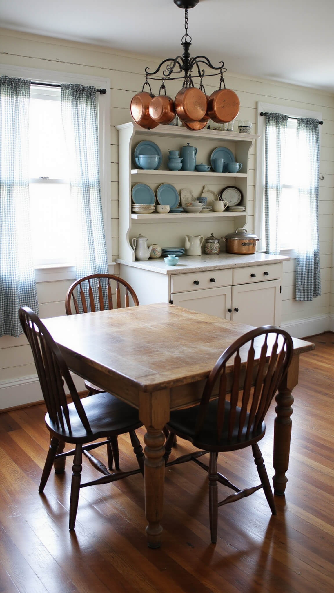 Farmhouse kitchen with whitewashed shiplap walls, vintage china on open shelves, pine table with mixed chairs, copper pots hanging overhead, and morning light through gingham curtains.