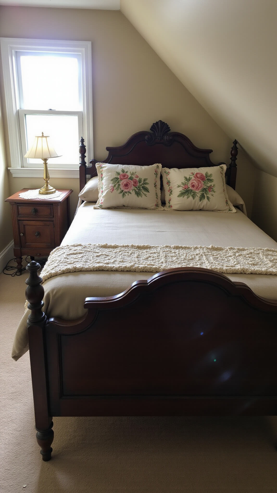 Cozy 8x10 bedroom corner with sloped ceiling, dormer window, handcarved floral bed, vintage nightstand, and soft morning light.