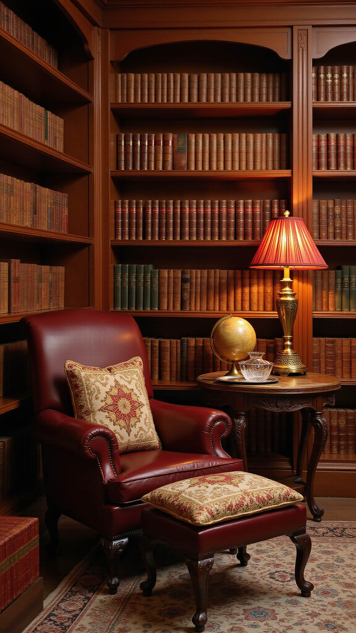 Cozy reading nook with burgundy wingback chair, needlepoint cushions, and warm amber lighting beside bookshelves filled with leather-bound books.