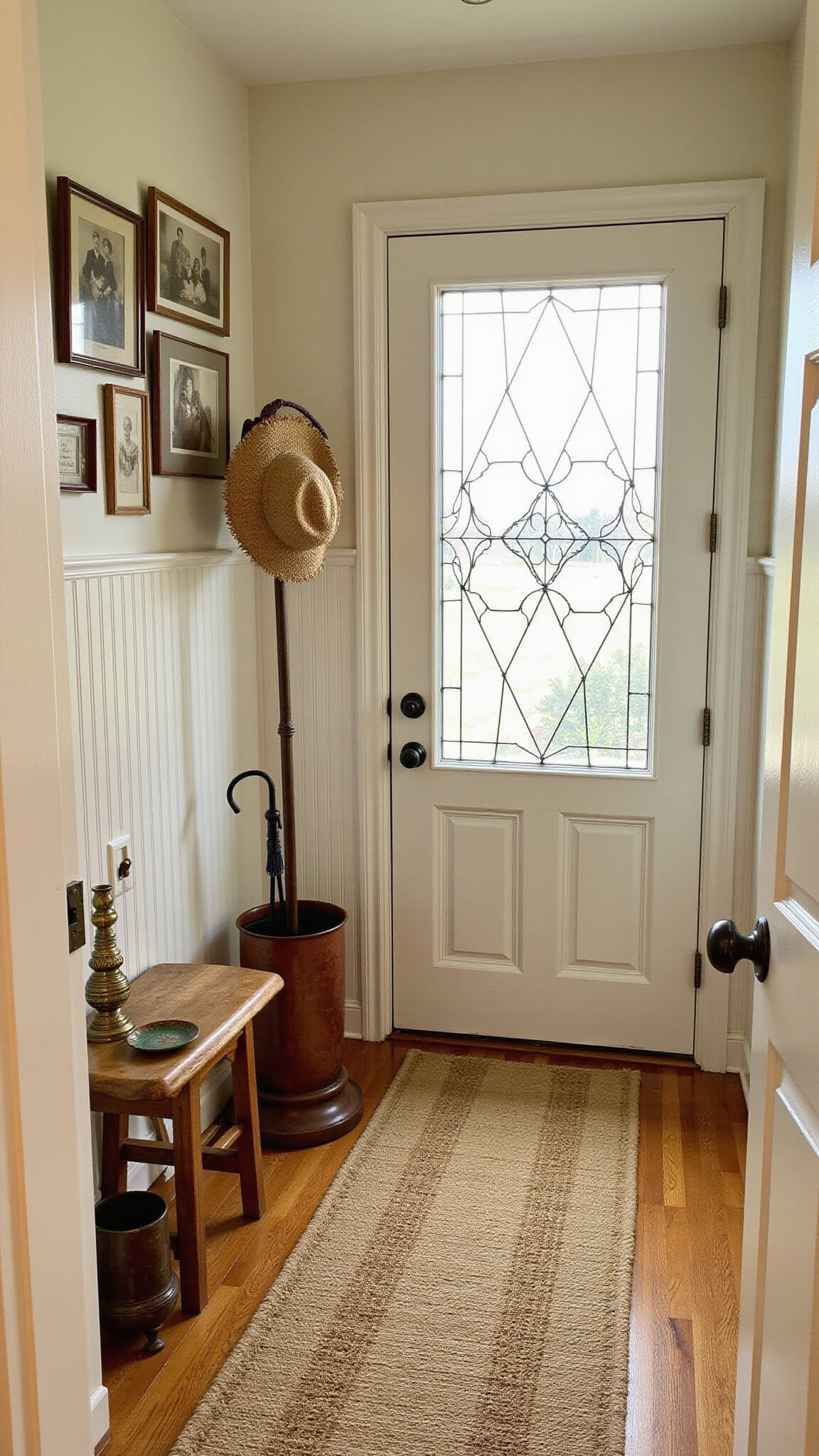 Cottage entryway with beadboard walls, vintage hall tree and straw hats, sepia photo gallery, autumn-toned braided runner, and morning light through leaded glass door.