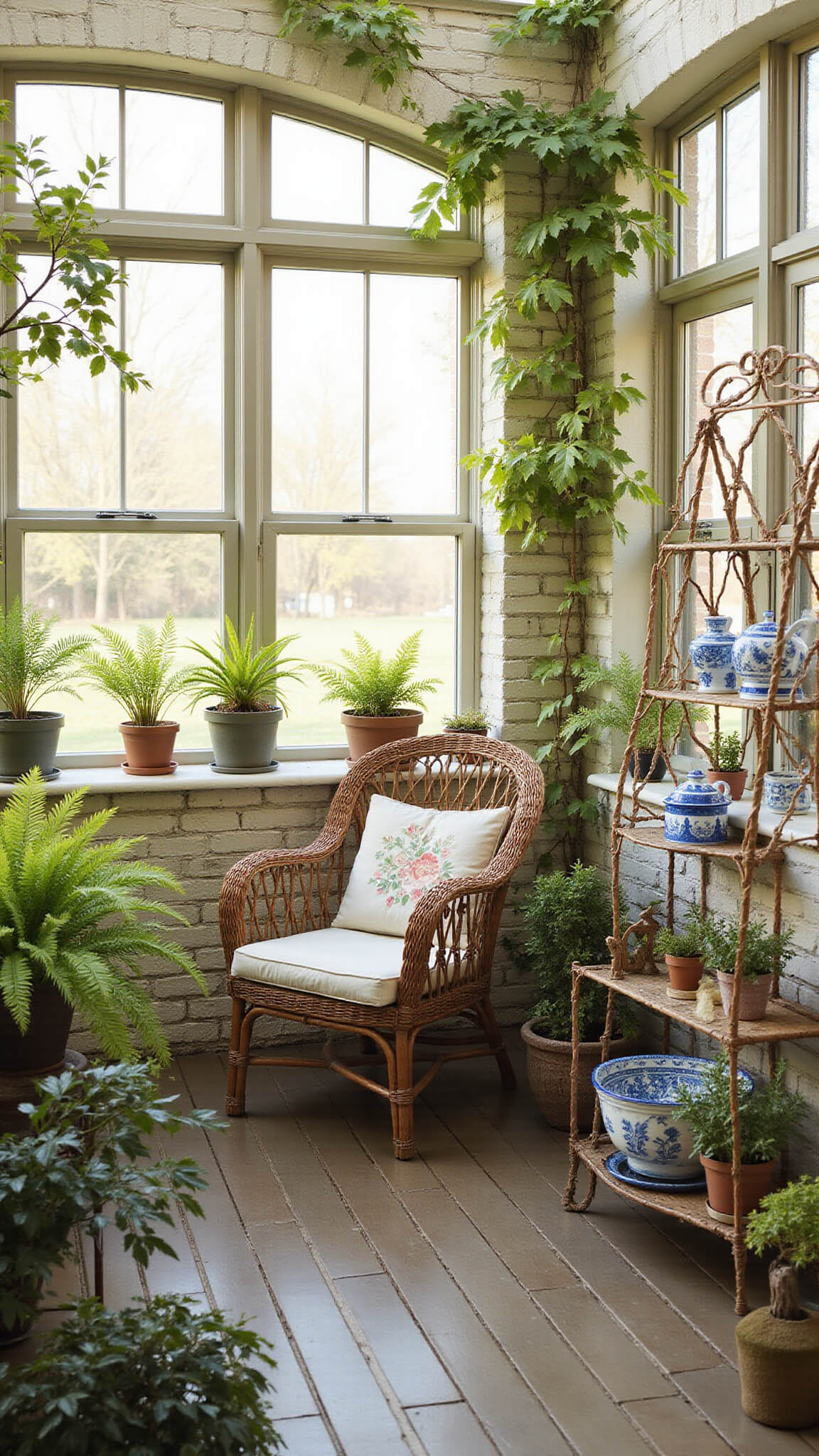 Cozy garden room conservatory with whitewashed brick, ivy-covered walls, wicker furniture, and golden hour light streaming through multi-pane windows.