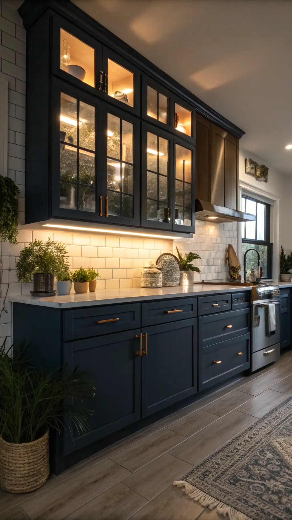 Moody evening kitchen with navy blue shaker cabinets, warm under-cabinet lighting, white subway tile backsplash, brushed nickel hardware, and golden hour shadows.