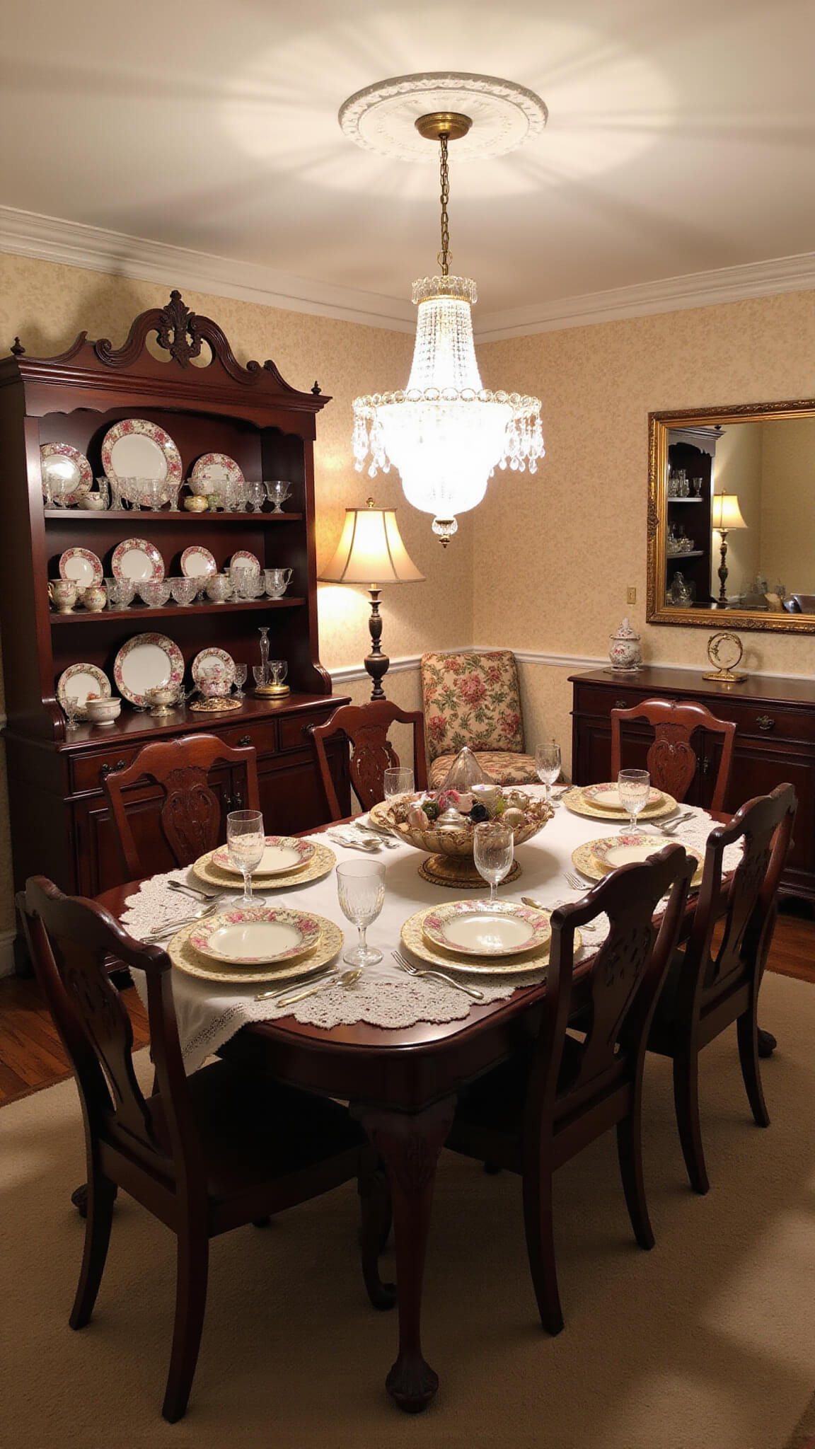 Victorian-style dining room with lace-covered mahogany table set for evening dinner, surrounded by floral wallpaper, gilt mirror, carnival glass hutch, and lit by chandelier and lamps.
