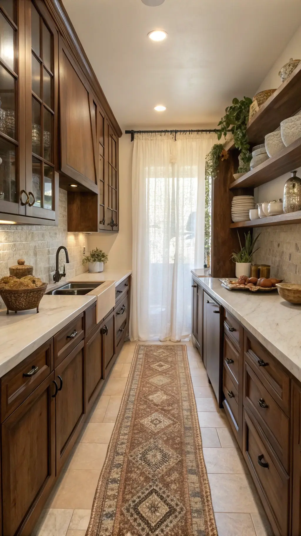 Intimate 8x12ft galley kitchen with chocolate brown beaded inset cabinets, creamy limestone counters, ceramic tile backsplash, vintage rug, and warm afternoon light filtering through sheer curtains.