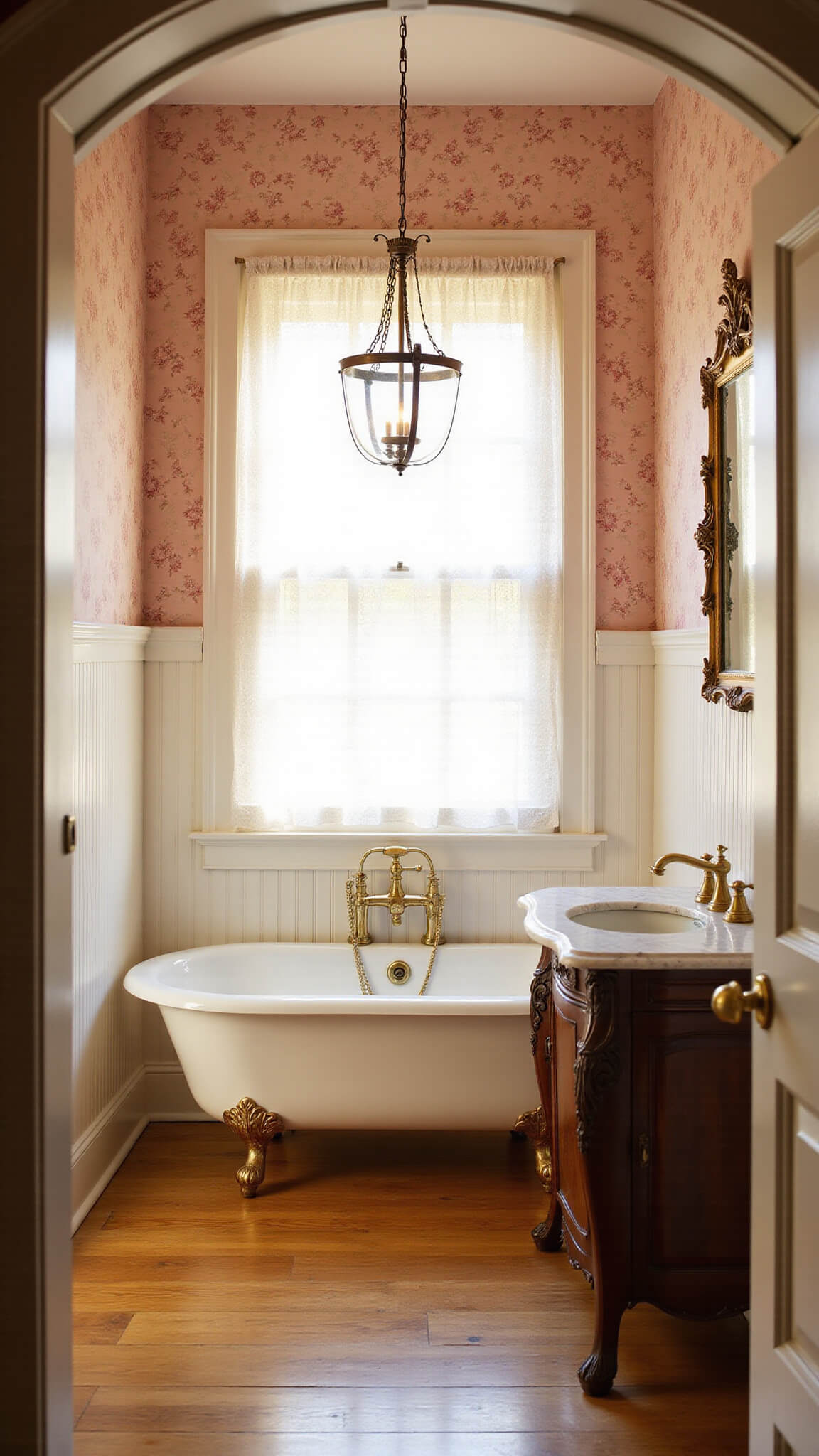 Golden hour view of a vintage-style bathroom with floral wallpaper, clawfoot tub, brass fixtures, and lace curtains, seen through an arched doorway.