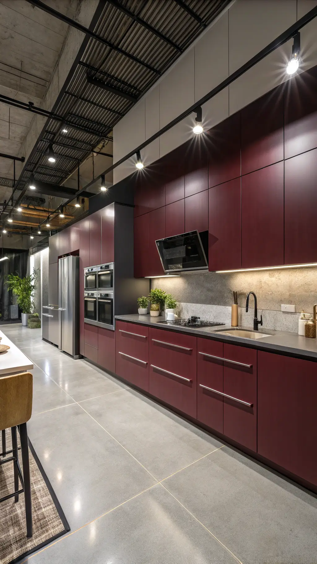 Modern open-concept kitchen with burgundy lacquered ceiling-height cabinets, stainless appliances, concrete countertops, and dramatic evening track lighting, viewed from dining area.