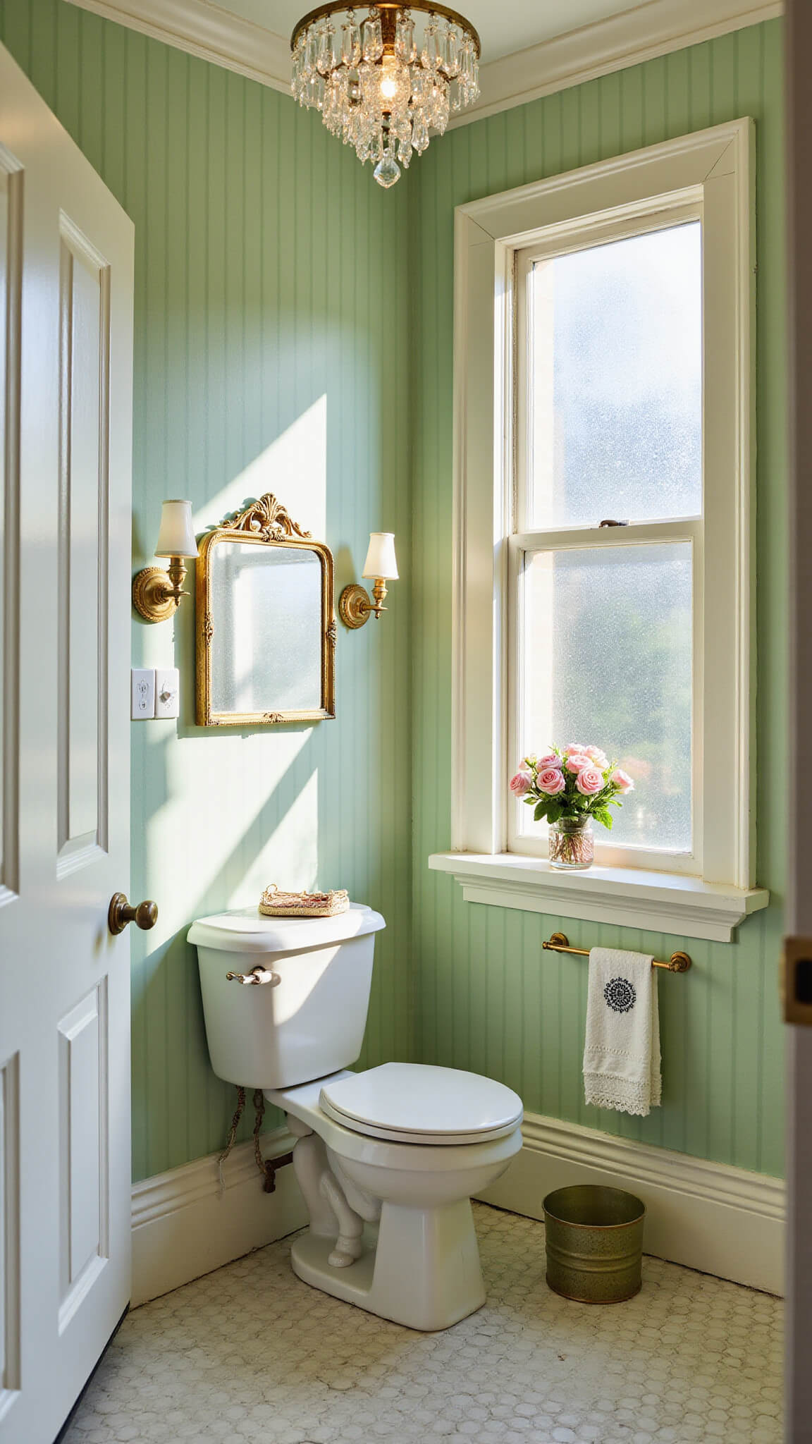 Vintage-inspired 6x8 powder room with mint green and cream stripes, crystal chandelier, antique brass sconces, gold-framed mirror, pedestal sink, and 1920s hex tile floor in soft natural light.