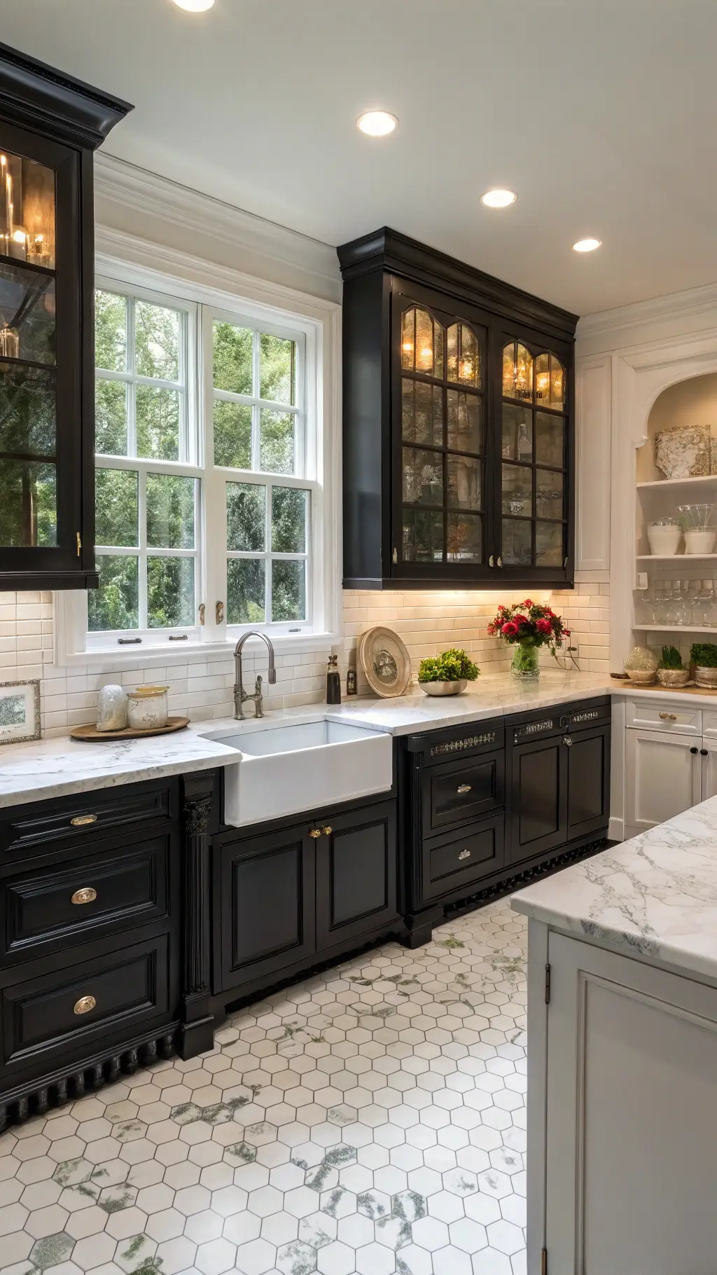 Traditional 12x14 kitchen with black raised-panel cabinets, white crown molding, Carrara marble counters, hex tile floor, glass-front lit uppers, farmhouse sink under garden window, and vintage-style decor.