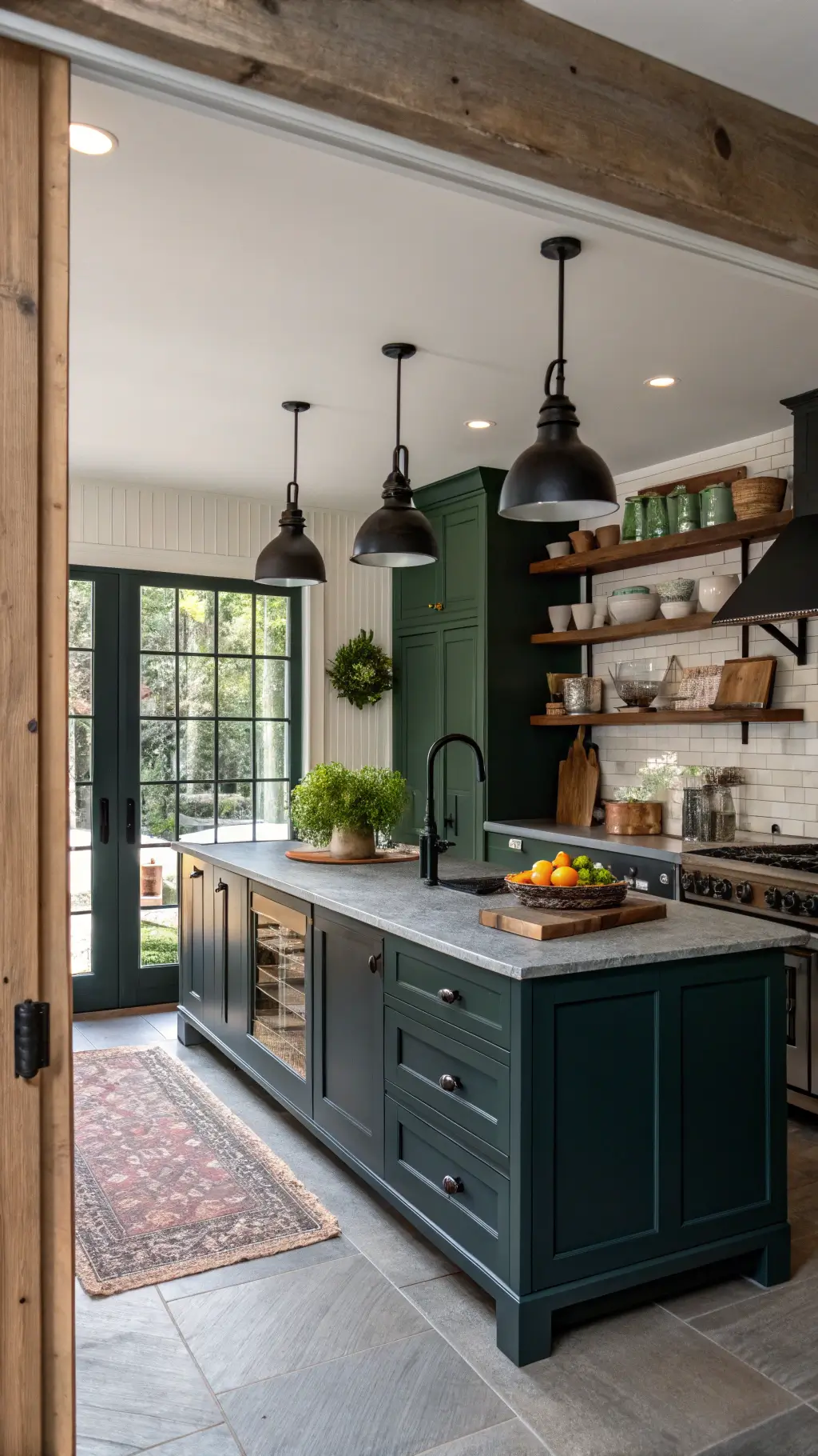Contemporary farmhouse kitchen with navy and forest green two-tone cabinets, soapstone countertops, reclaimed wood shelves, industrial black pendant lights, and vintage decor, viewed from entrance.