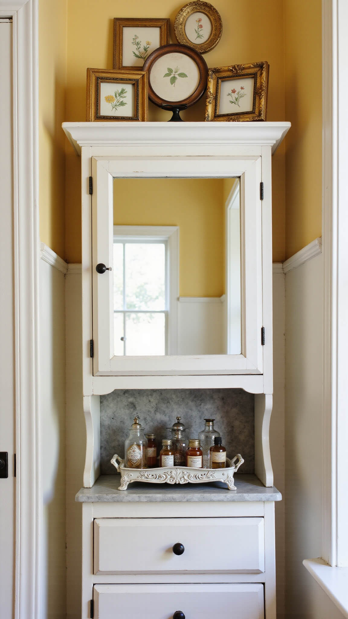 Vintage bathroom corner with white medicine cabinet, gilt-framed botanical prints, antique apothecary bottles, and silver vanity set against mustard yellow wall in soft morning light.