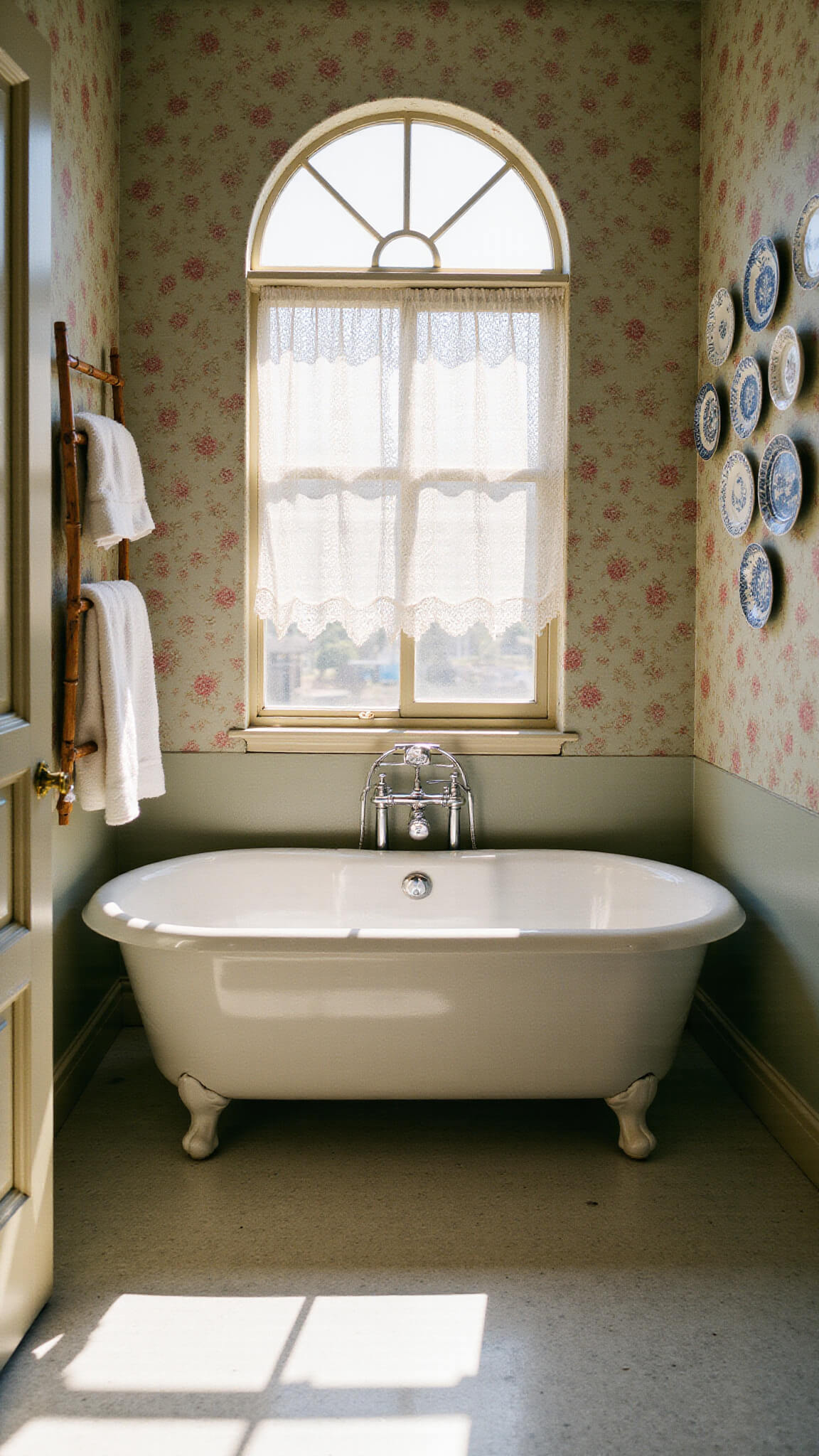 Late afternoon bathroom with floral wallpaper, clawfoot tub under arched lace-covered window, blue-and-white plate gallery wall, bamboo towel ladder, and dramatic golden hour lighting.