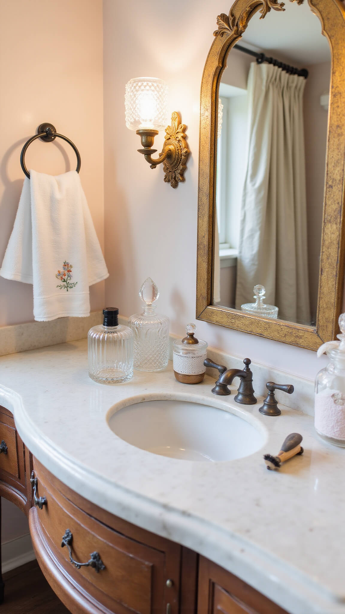 Vintage vanity close-up with crystal perfume bottles, silver brushes, and embroidered linens in soft morning light.