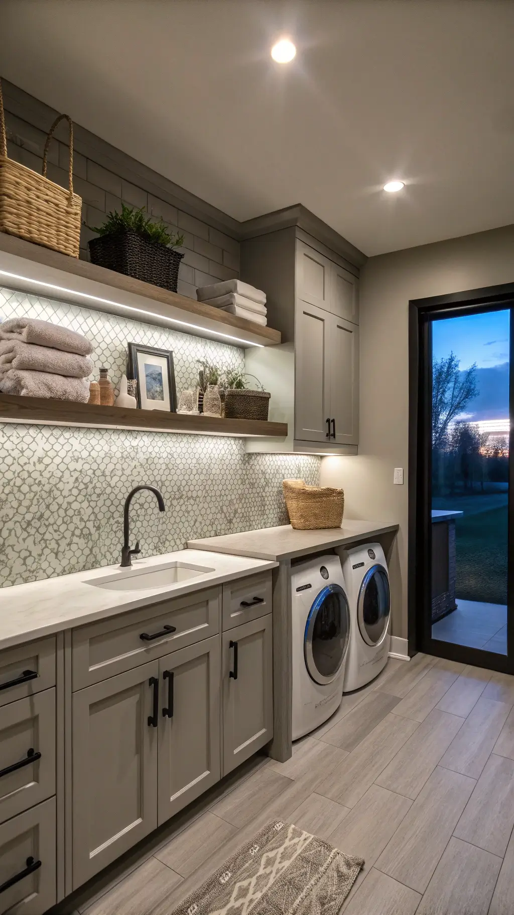 Contemporary 10'x12' laundry room at twilight with under-cabinet lighting, weathered oak floating shelves, pale gray cabinets, metallic penny tile backsplash, marble-topped center island, and minimalist black and white decor.