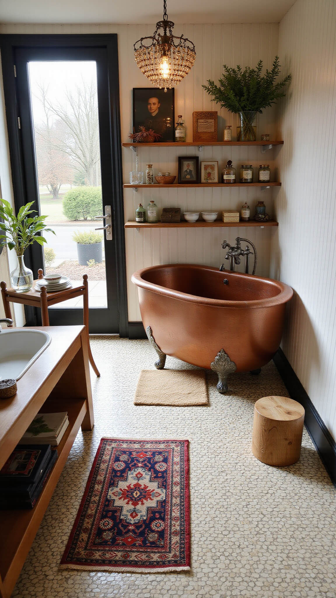 Bird's eye view of stylish bathroom with hexagonal cream and black tiles, copper tub on Persian rug, open shelves with antique jars, and beaded chandelier lighting beadboard walls.
