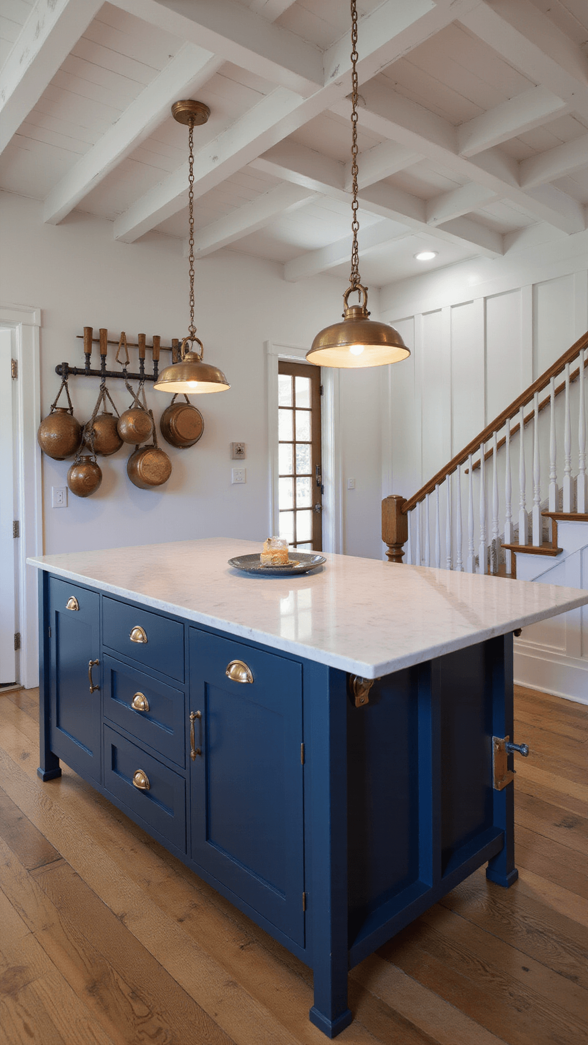 Moody twilight view of coastal kitchen with navy island, marble countertop, brass sconces, white oak beams, and hanging copper pots.