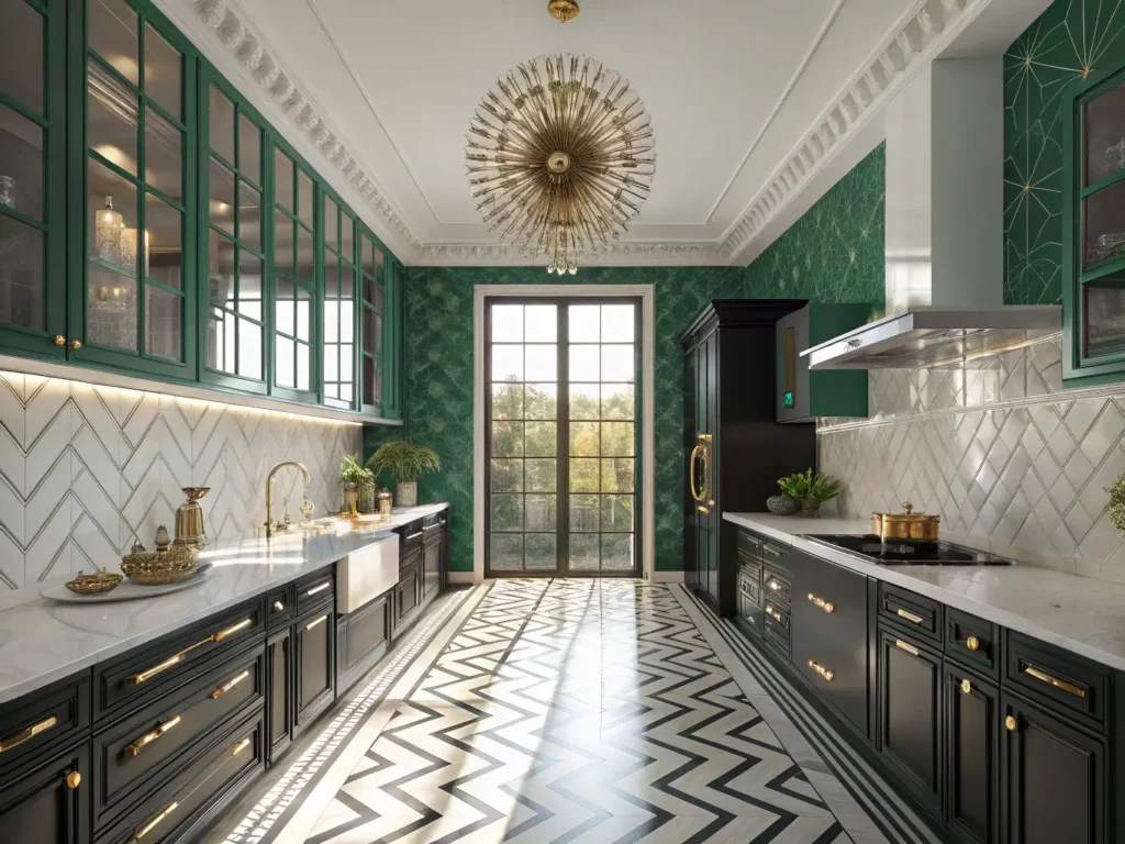 "Art Deco luxury kitchen with emerald green walls, white marble countertops, high-gloss black cabinets, and chrome appliances, bathed in morning sunlight"