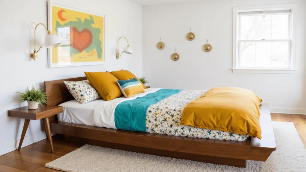 "Mid-century modern bedroom with geometric mustard and teal bedding, walnut platform bed, brass accents, and an atomic starburst pattern during golden hour"